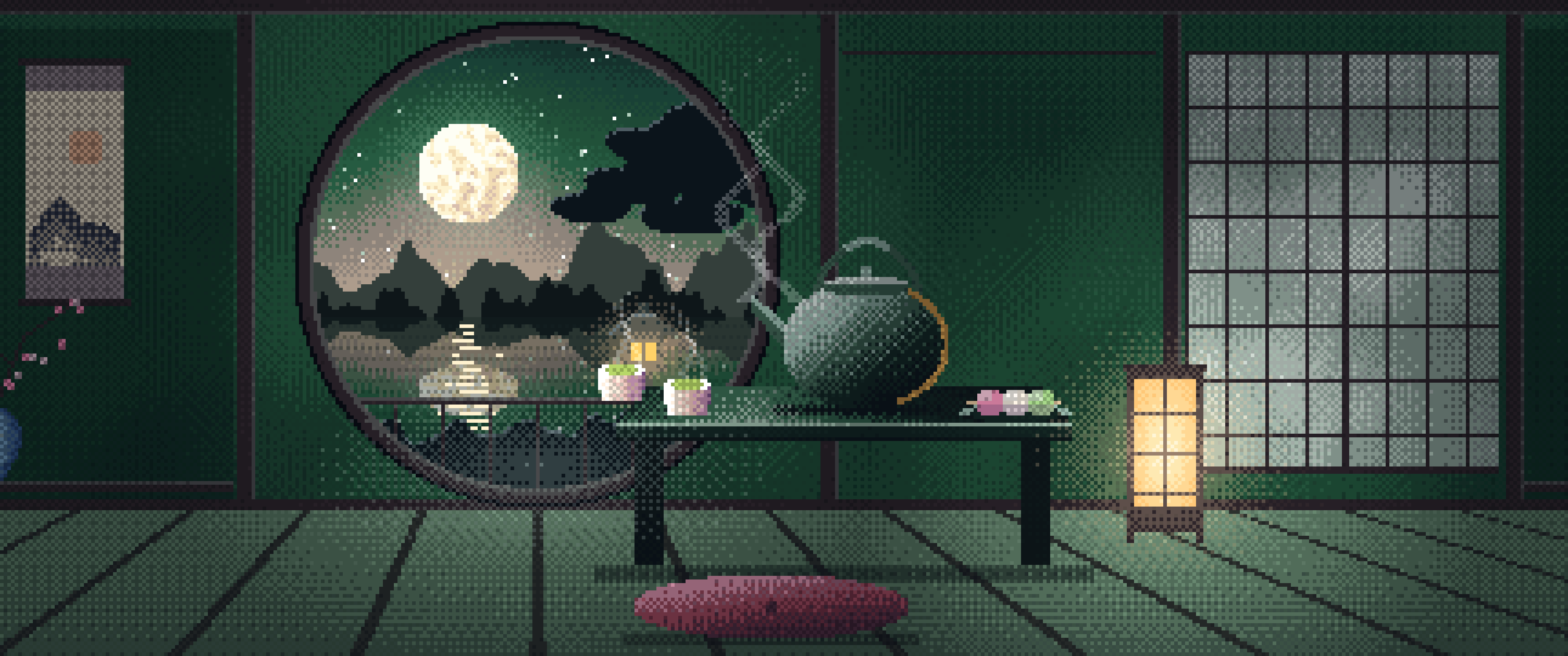 Dark Green Pixel Art Tea House and Moon Window ultrawide wallpaper, 3440 × 1440