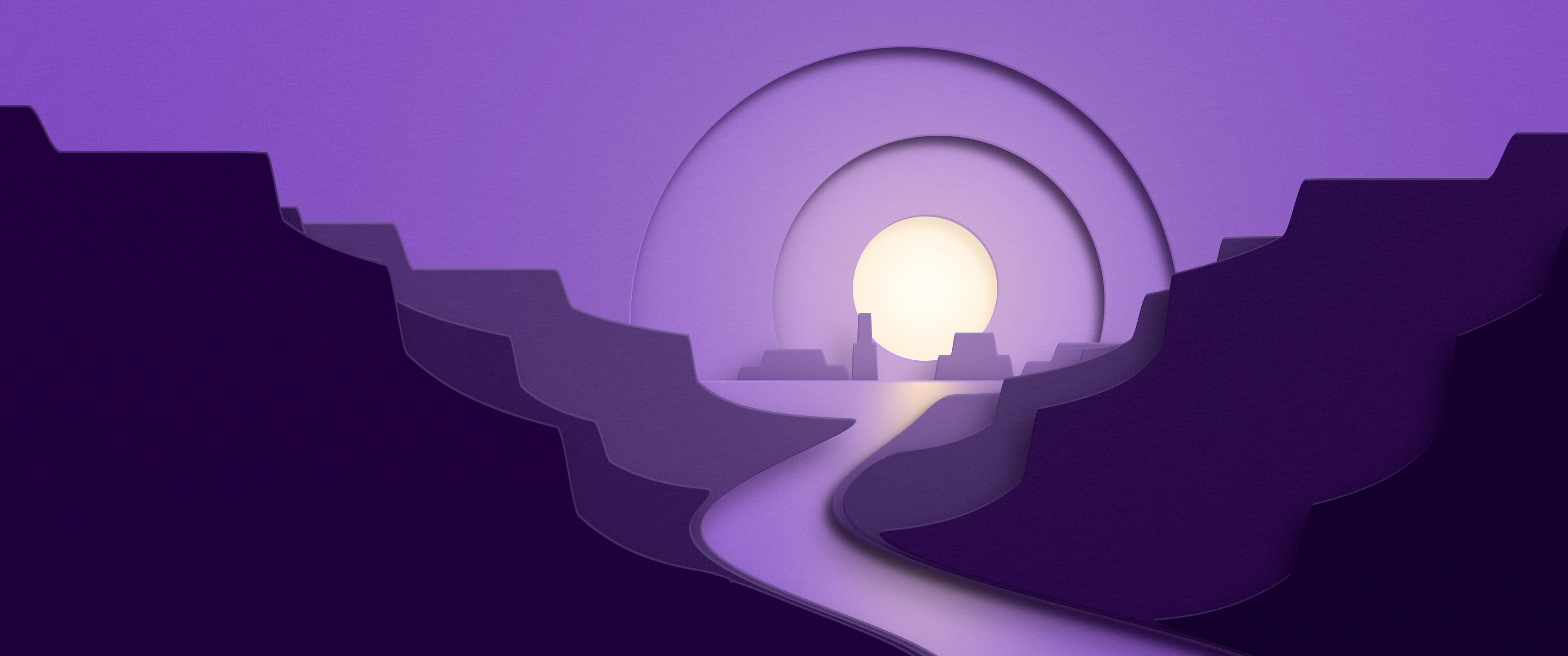 Dark Purple 3D Paper Cut Canyon at Sunset ultrawide wallpaper, 3440 × 1440