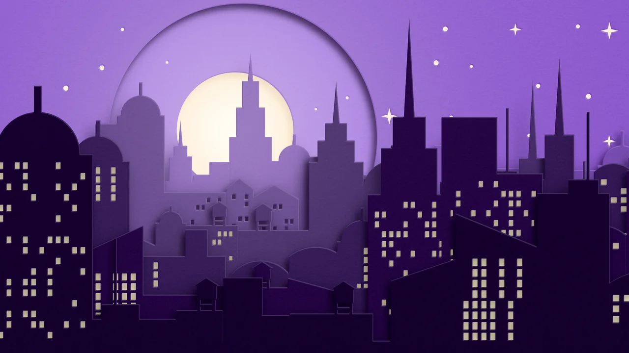 Dark Purple 3D Paper Cut City Skyline desktop wallpaper in 4K