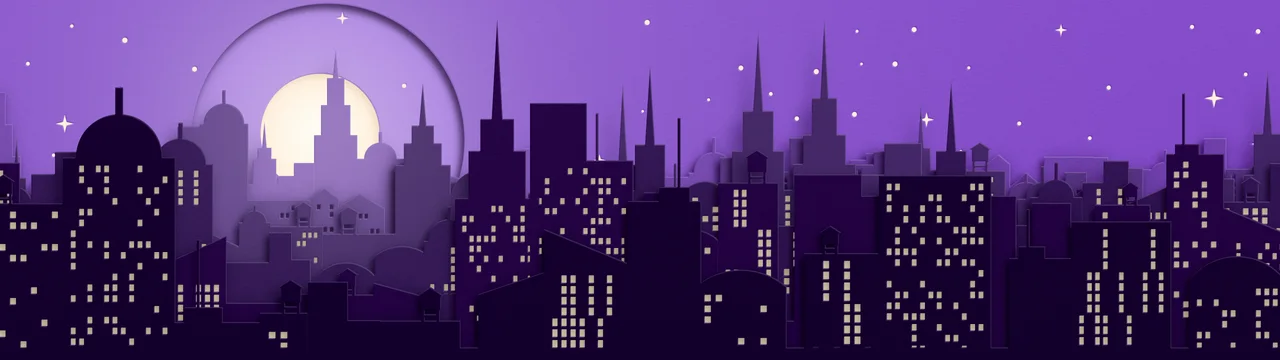 Dark Purple 3D Paper Cut City Skyline dual monitor wallpaper, 7680 × 2160