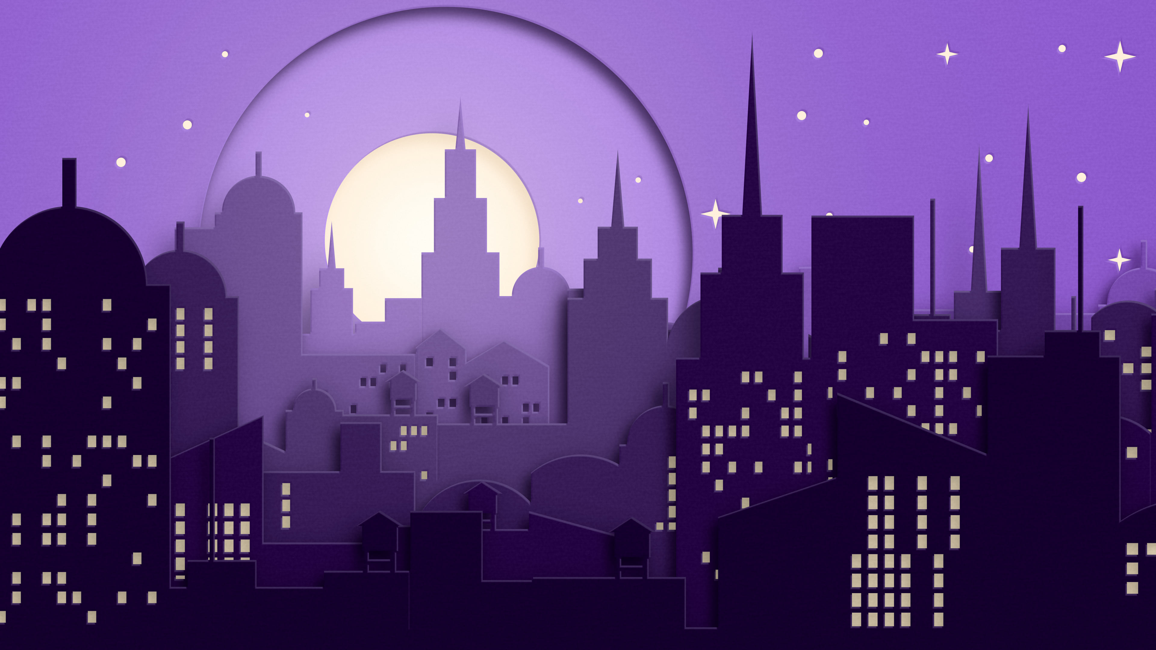 Dark Purple 3D Paper Cut City Skyline desktop wallpaper in 4K