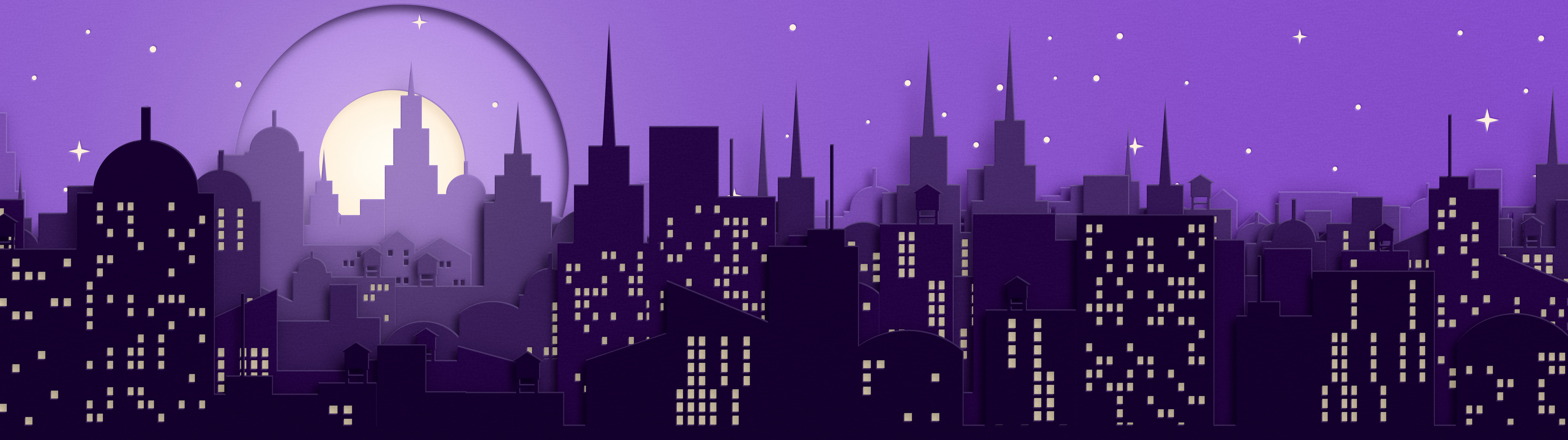 Dark Purple 3D Paper Cut City Skyline dual monitor wallpaper, 7680 × 2160