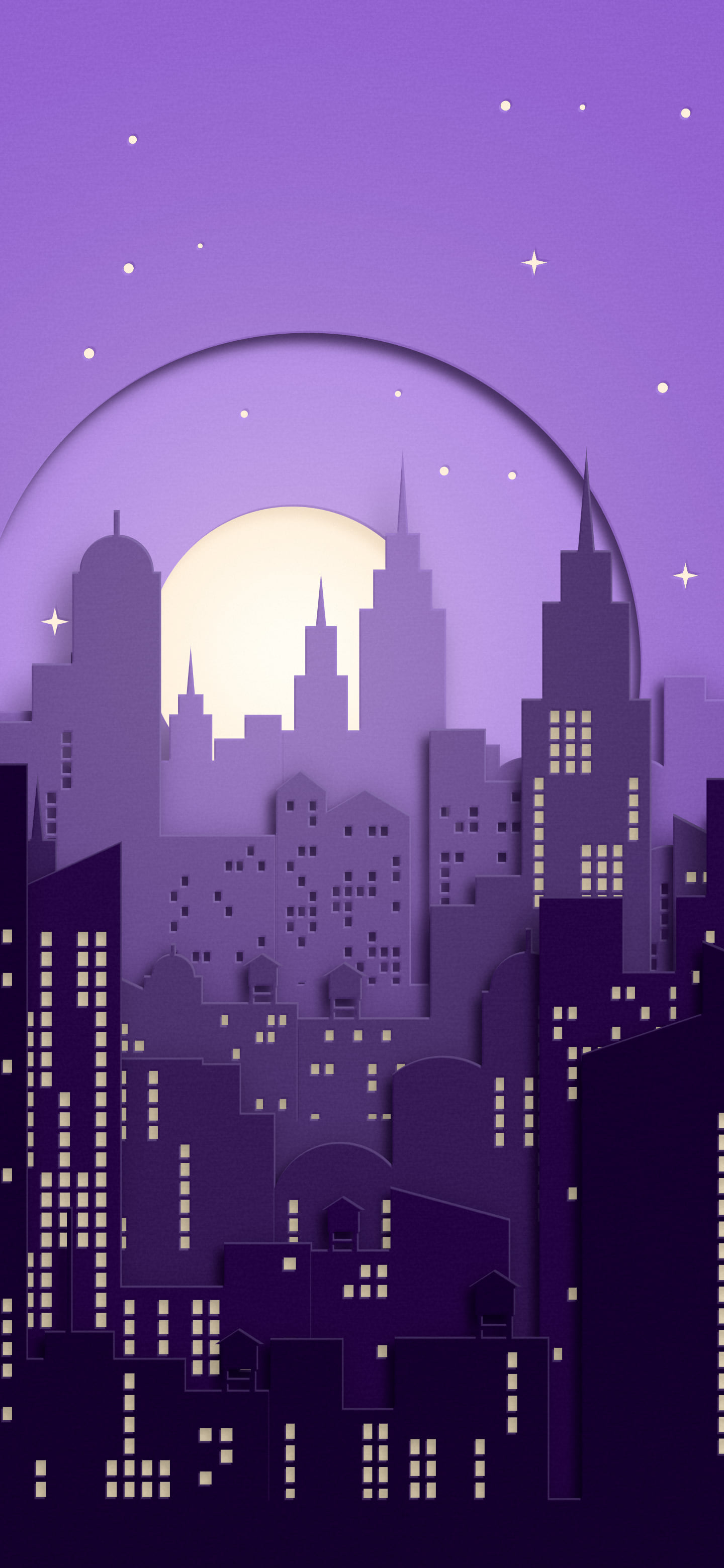 Dark Purple 3D Paper Cut City Skyline wallpaper for iPhone and Android