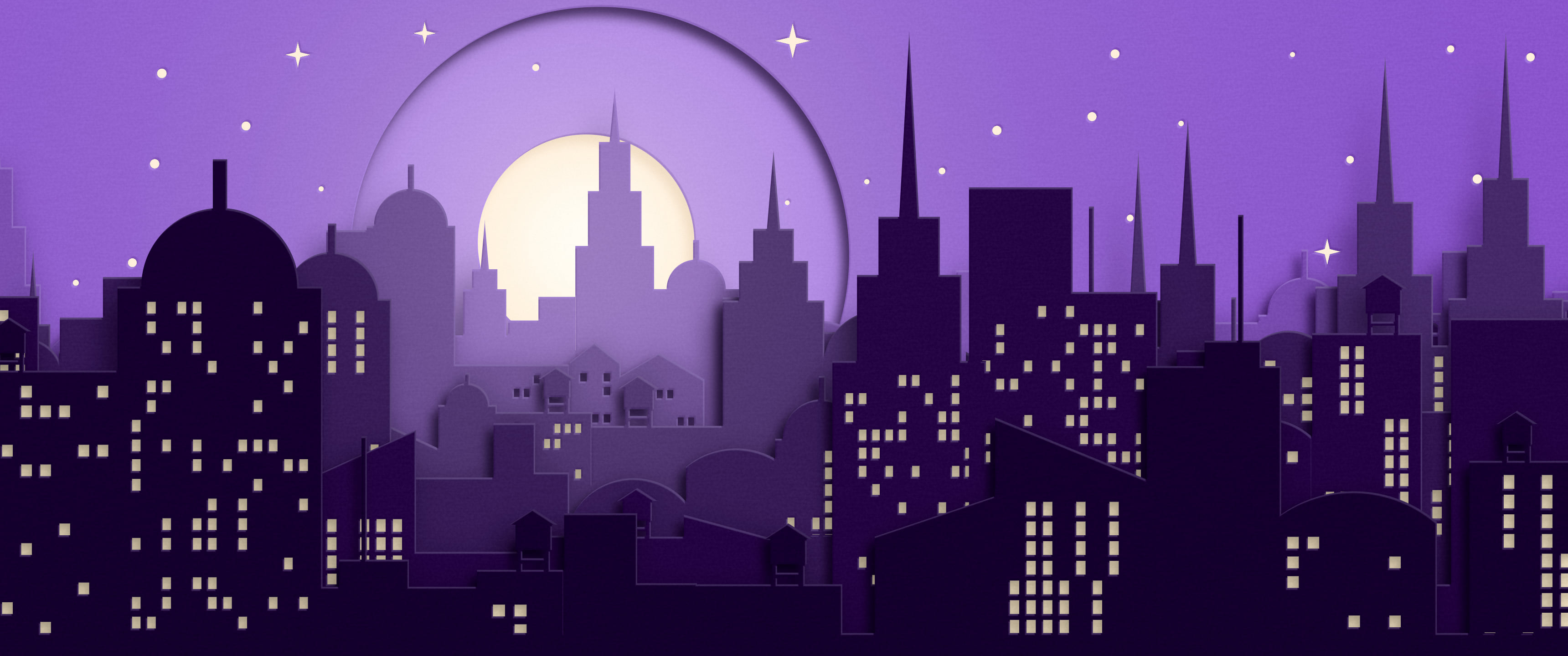 Dark Purple 3D Paper Cut City Skyline ultrawide wallpaper, 3440 × 1440
