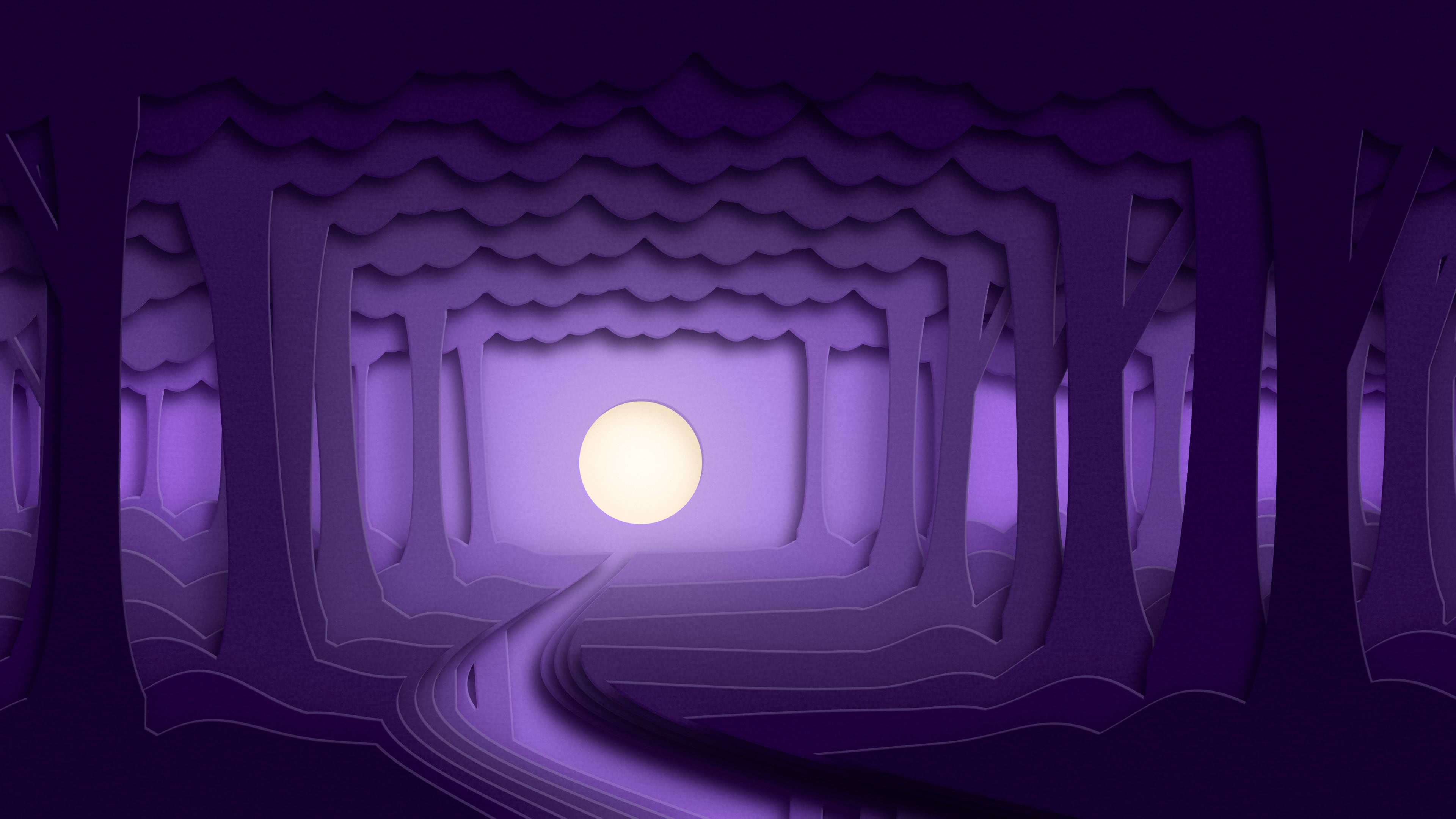 Dark Purple 3D Paper Cut Forest desktop wallpaper in 4K