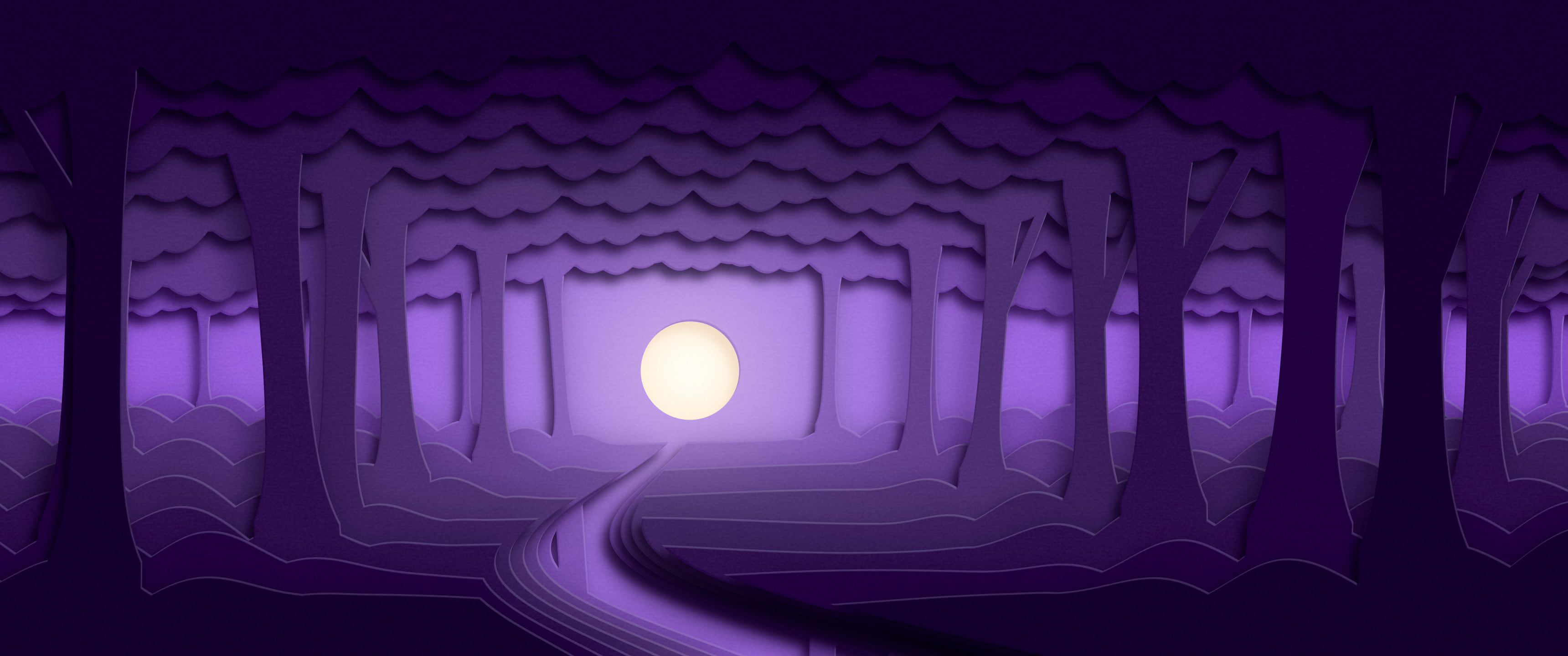 Dark Purple 3D Paper Cut Forest ultrawide wallpaper, 3440 × 1440