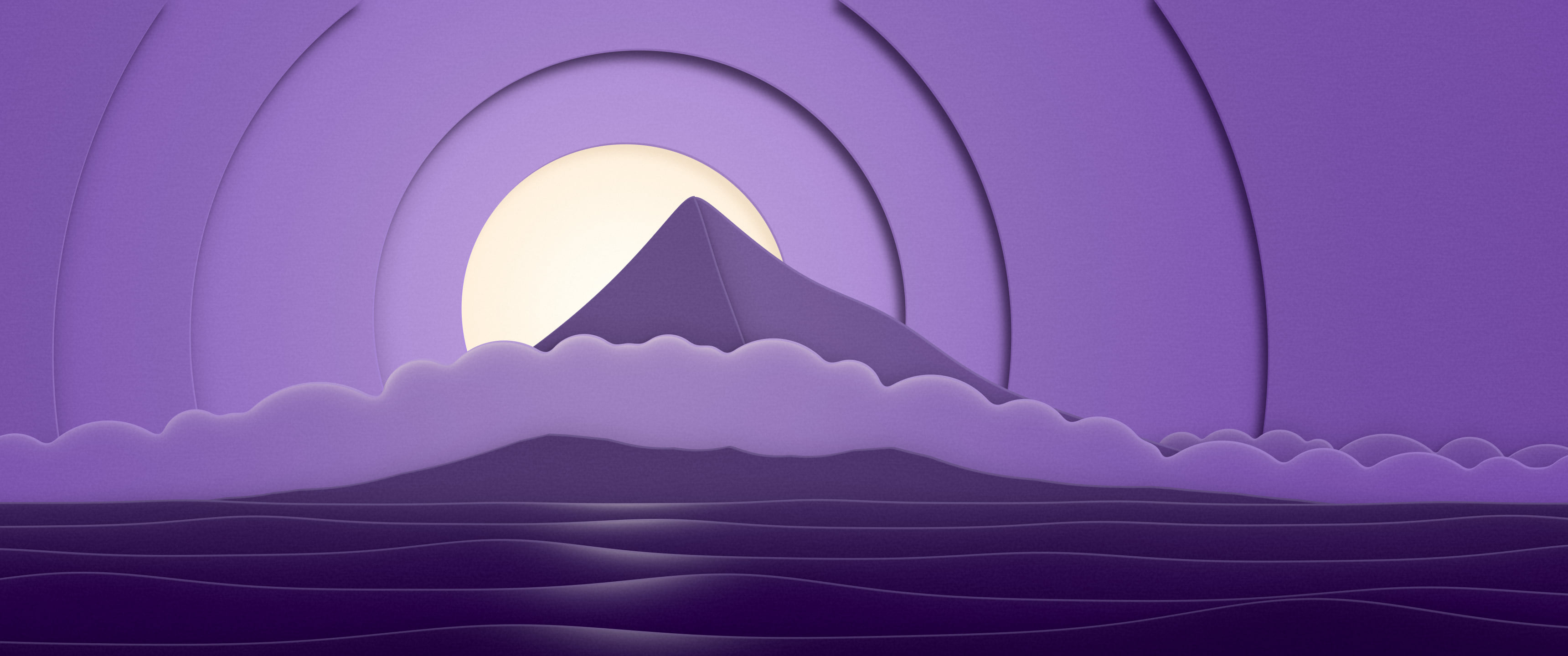 Dark Purple 3D Paper Cut Island ultrawide wallpaper, 3440 × 1440