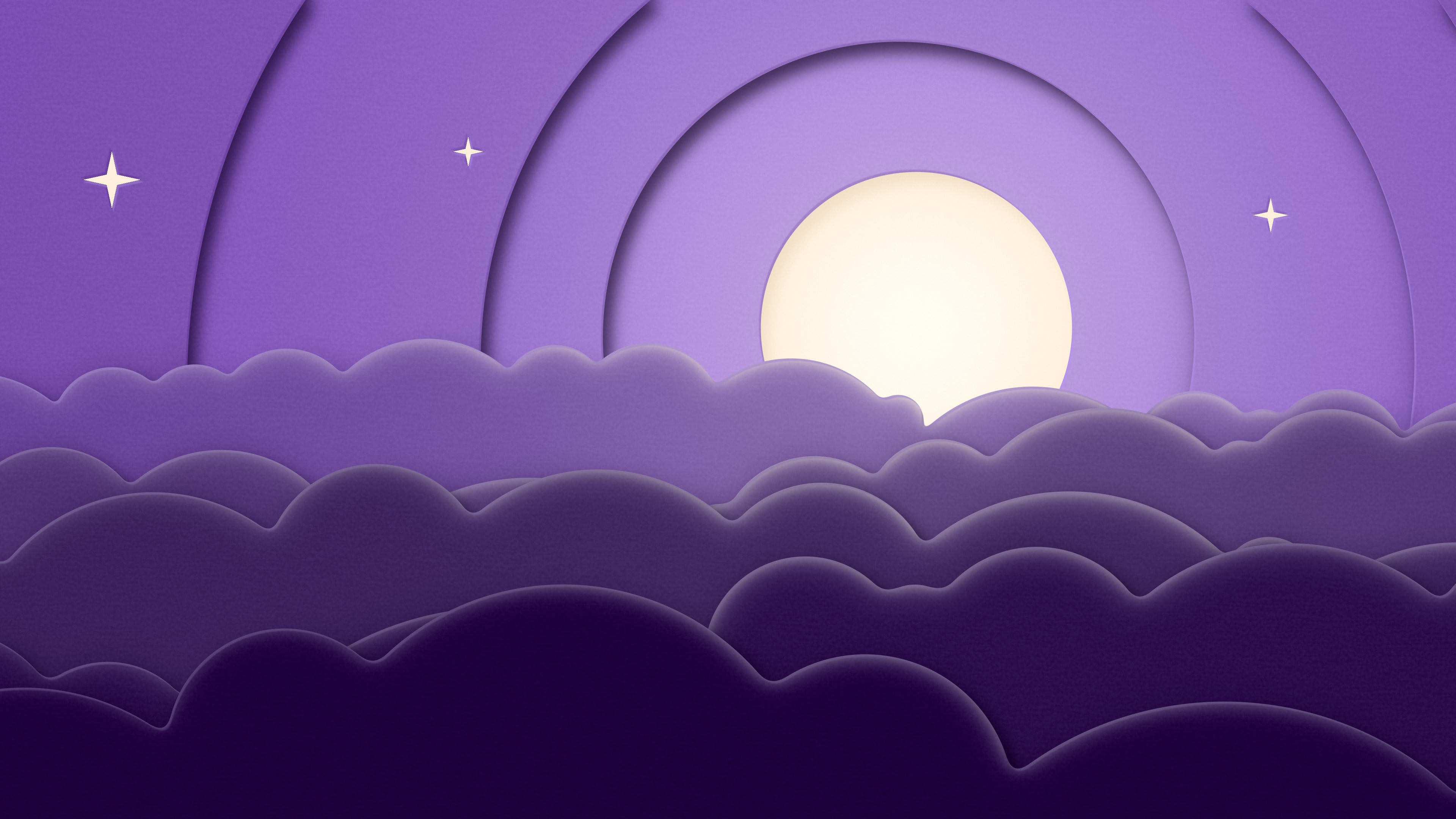 Dark Purple 3D Paper Cut Moon and Clouds desktop wallpaper in 4K