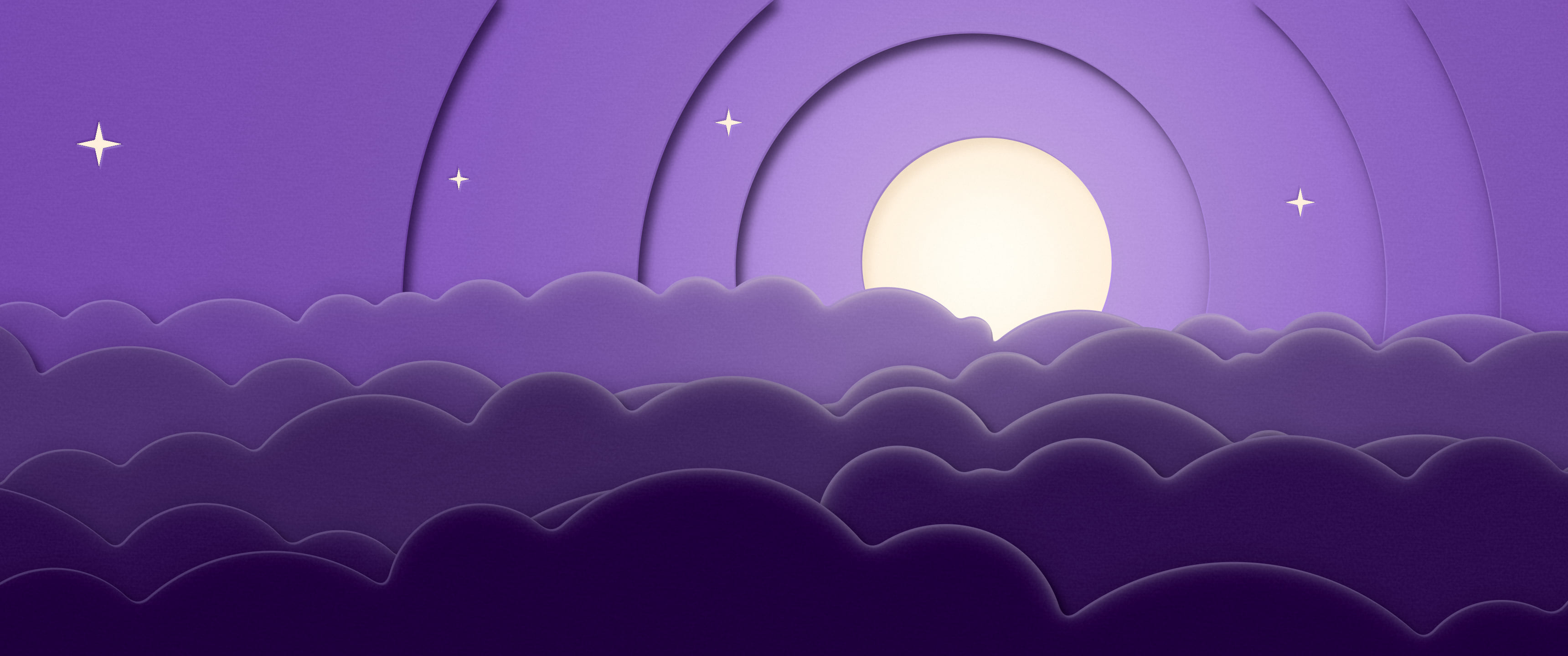 Dark Purple 3D Paper Cut Moon and Clouds ultrawide wallpaper, 3440 × 1440