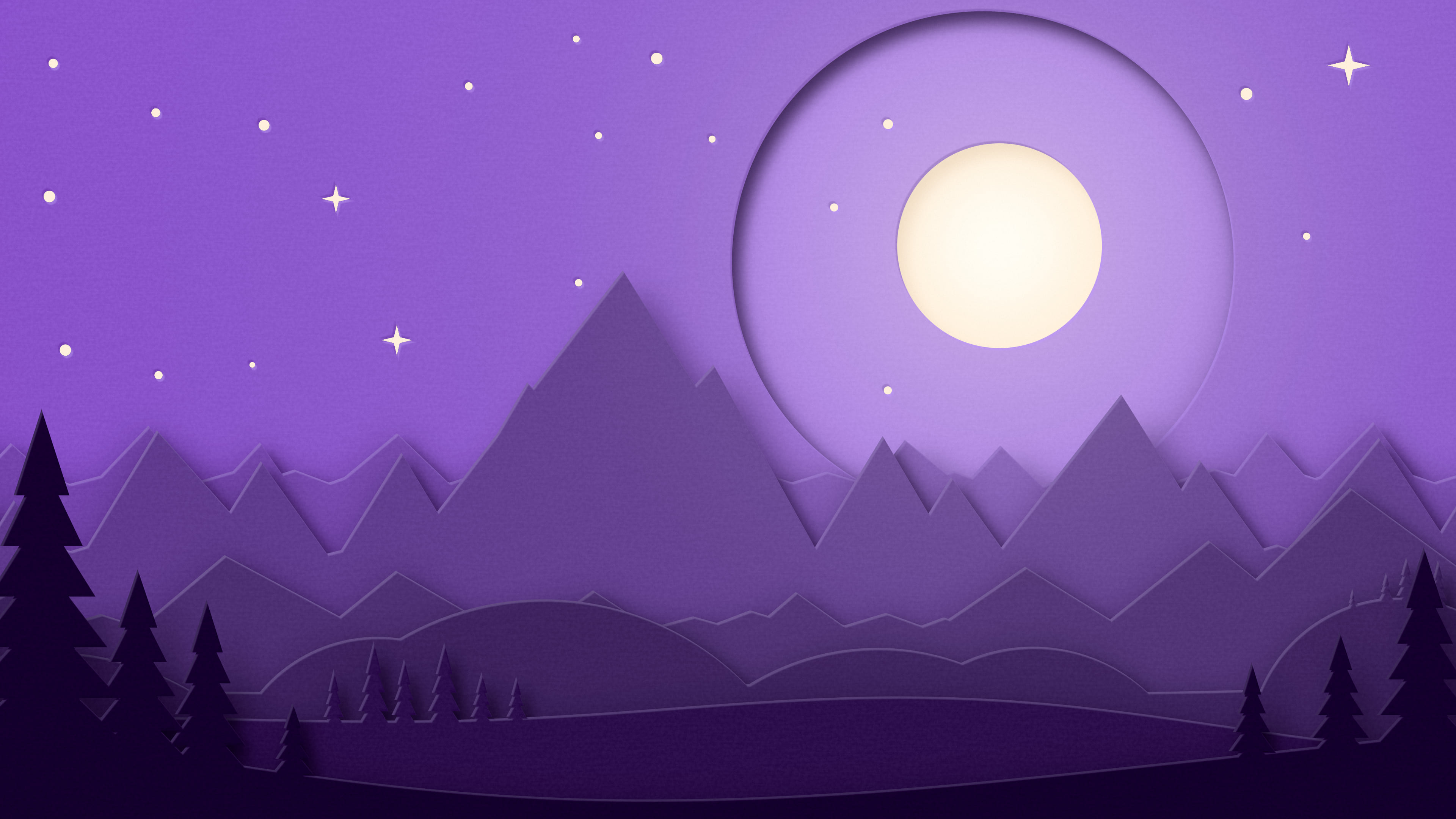 Dark Purple 3D Paper Cut Mountains and Moon desktop wallpaper in 4K