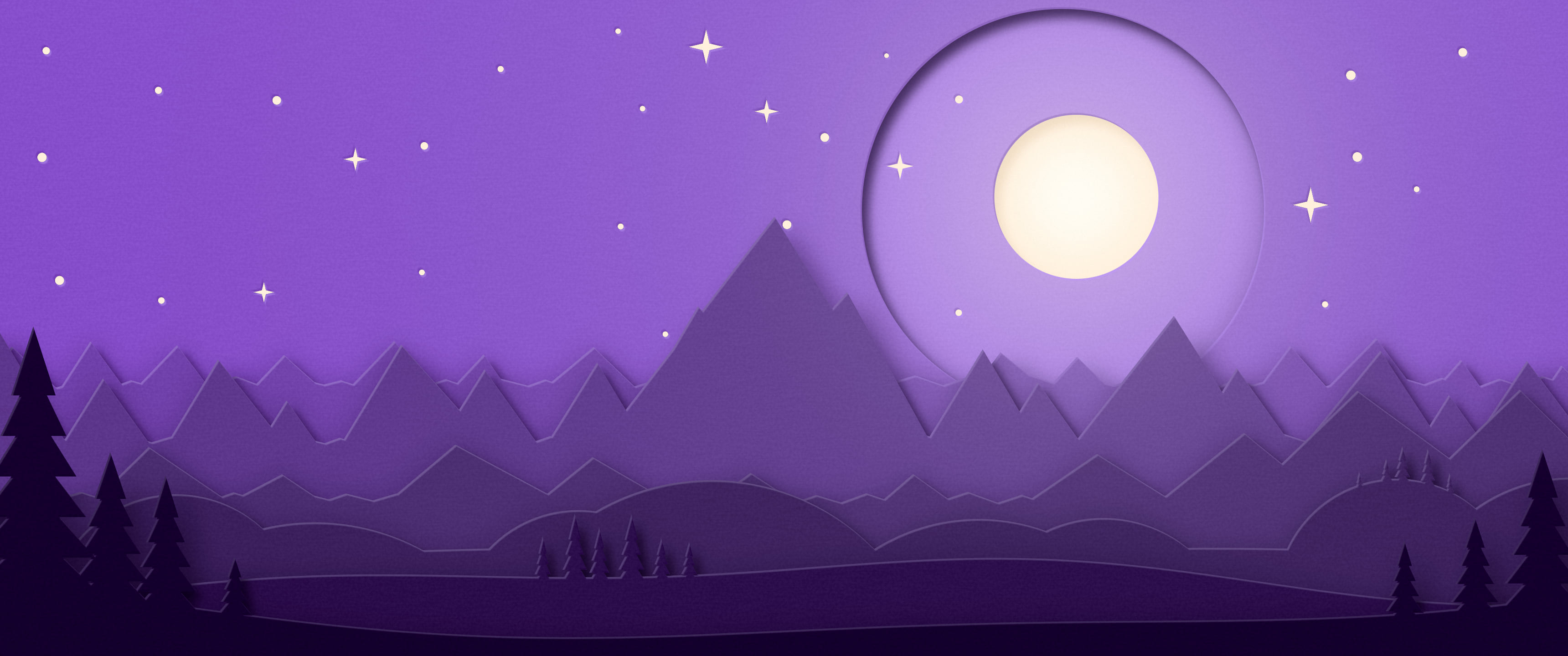 Dark Purple 3D Paper Cut Mountains and Moon ultrawide wallpaper, 3440 × 1440