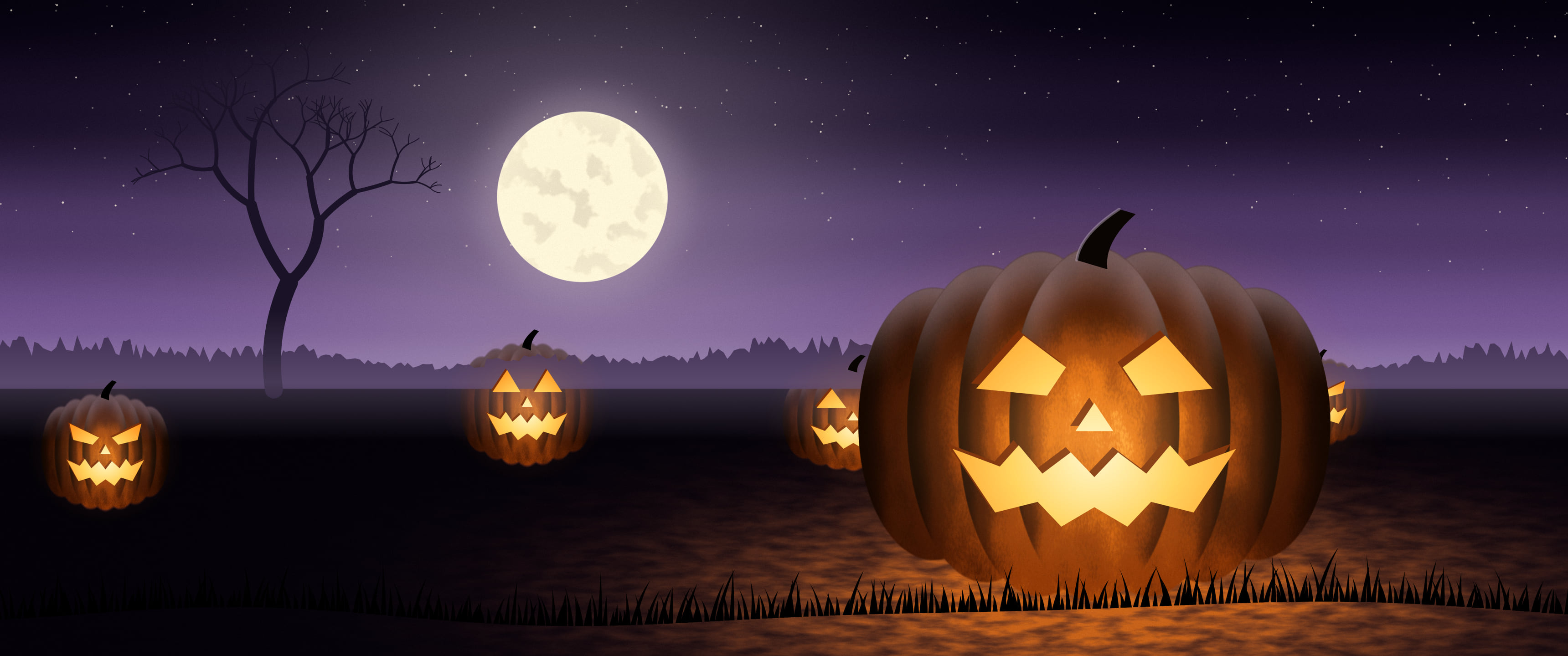 Dark Purple Carved Jack O Lantern ultrawide wallpaper, 3440 × 1440