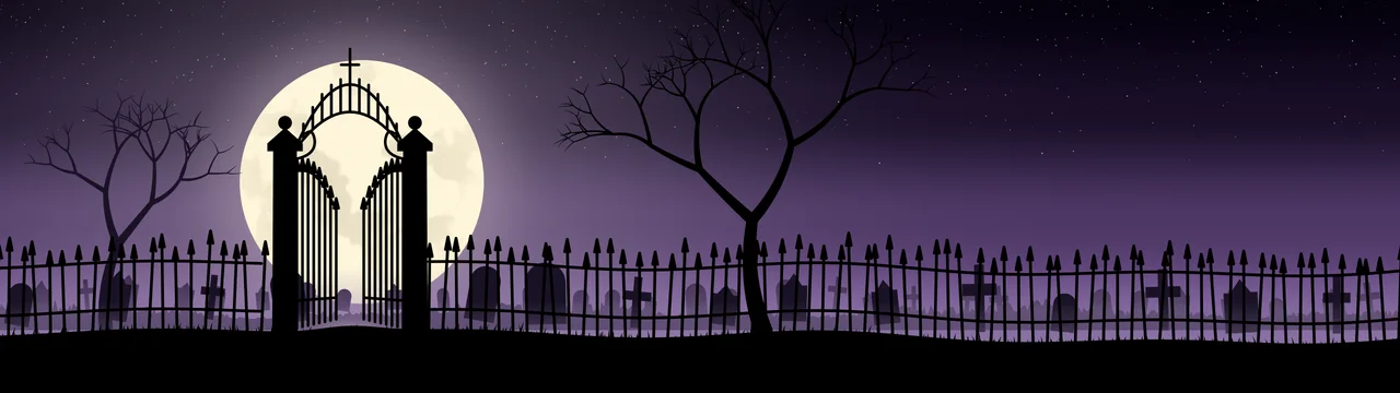 Dark Purple Cemetery Gate dual monitor wallpaper, 7680 × 2160
