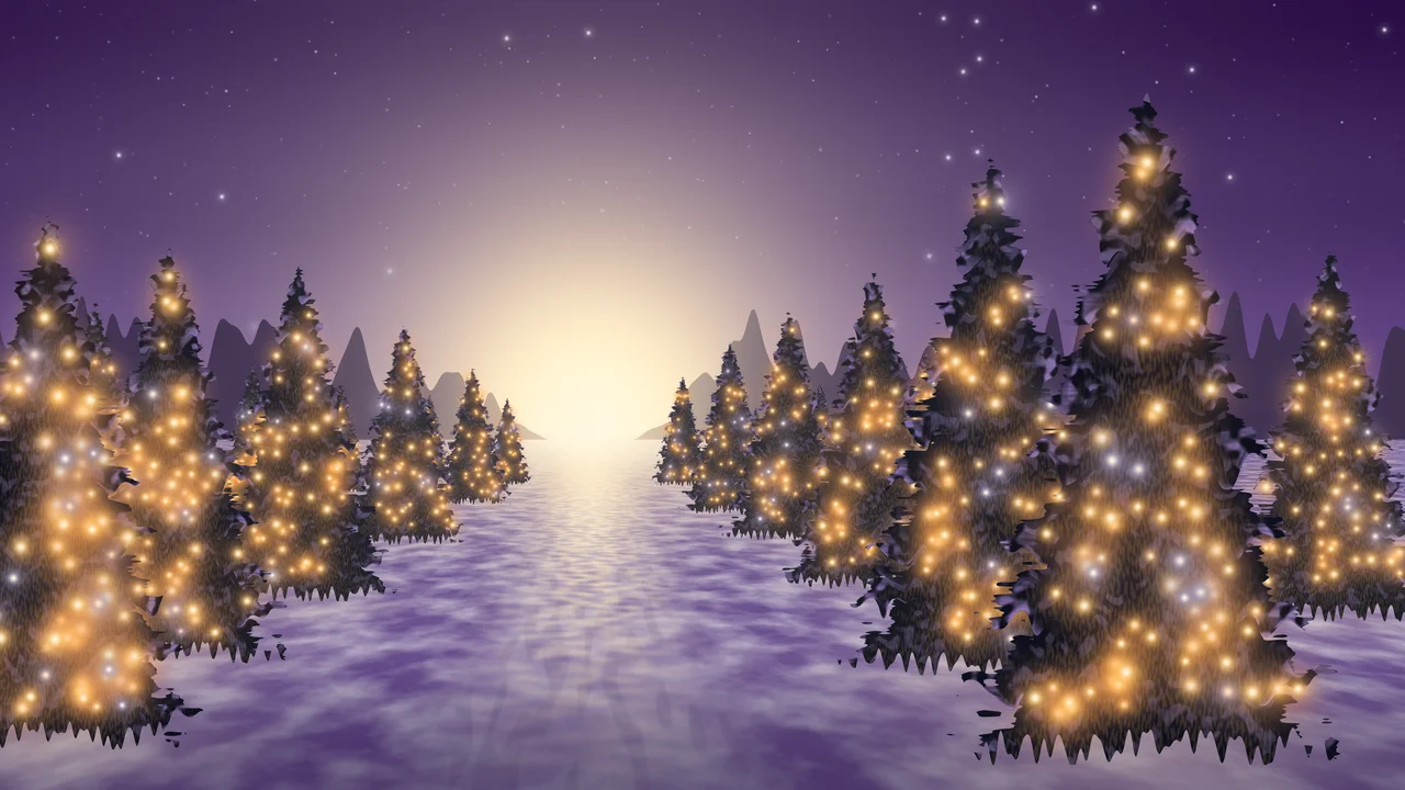 Dark Purple Christmas Lights Forest Path desktop wallpaper in 4K