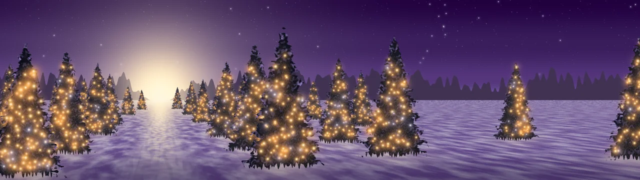 Dark Purple Christmas Lights Forest Path dual monitor wallpaper, 7680 × 2160