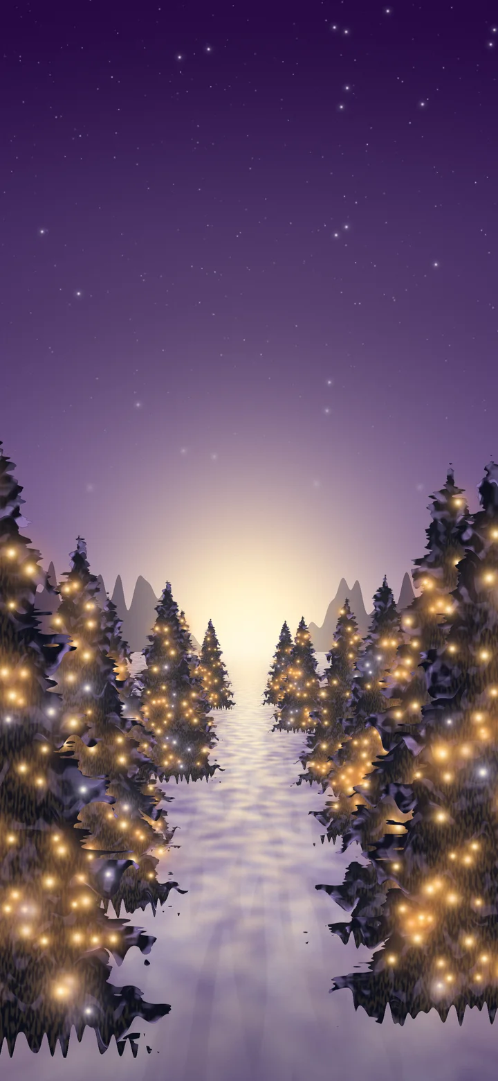 Dark Purple Christmas Lights Forest Path wallpaper for iPhone and Android