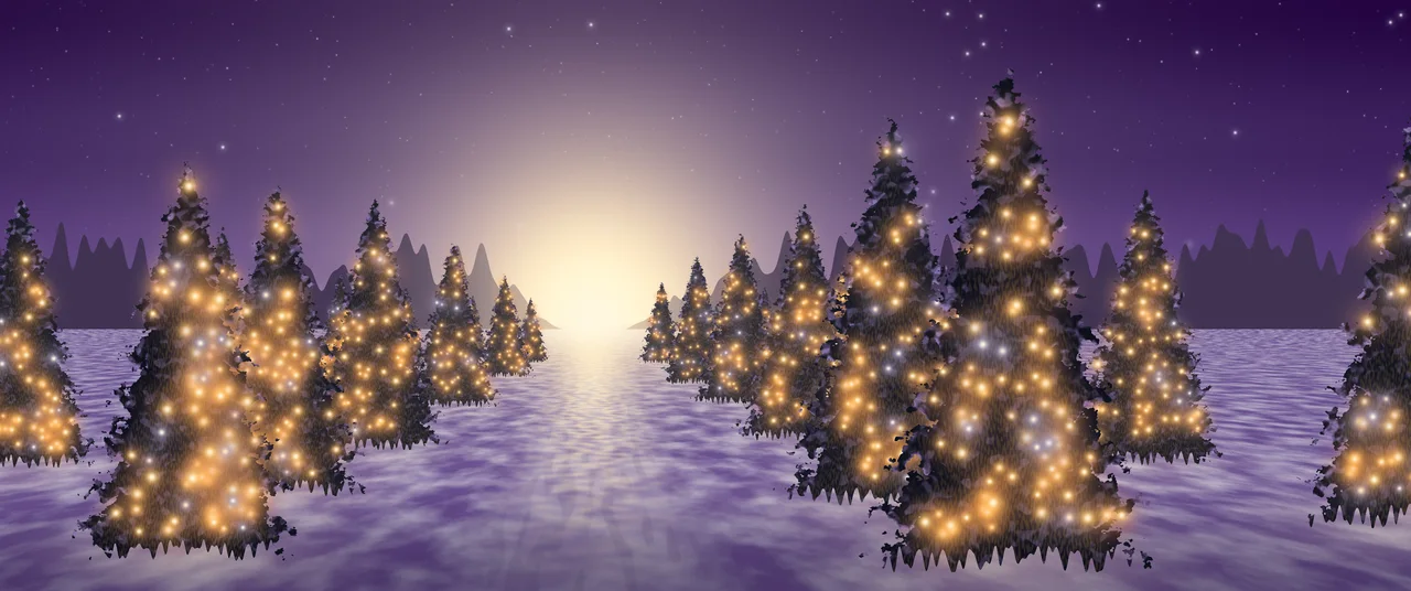 Dark Purple Christmas Lights Forest Path ultrawide wallpaper, 3440 × 1440