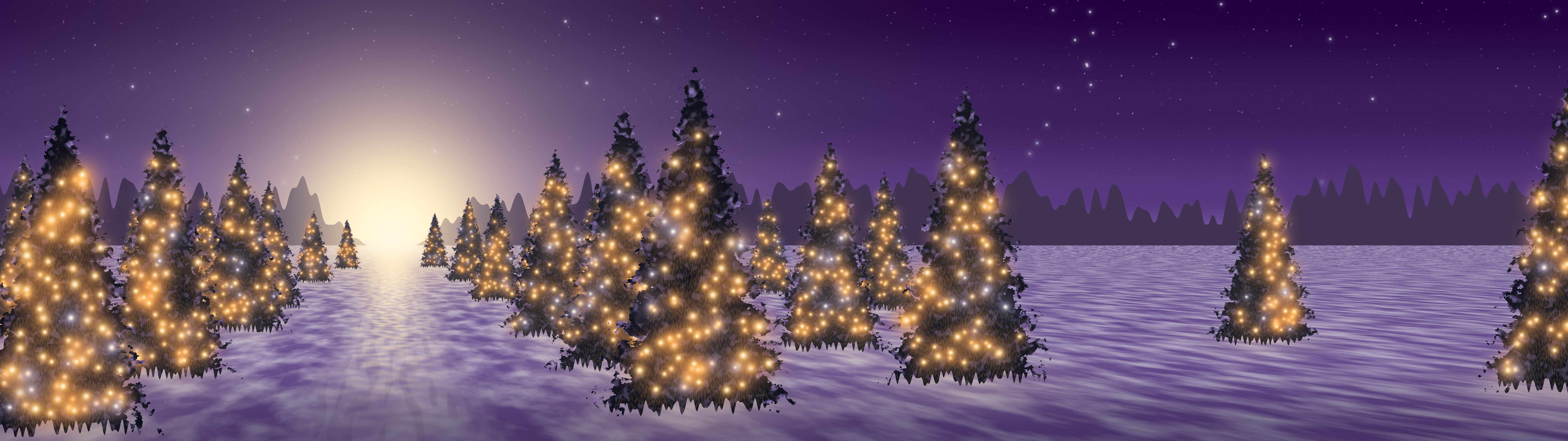 Dark Purple Christmas Lights Forest Path dual monitor wallpaper, 7680 × 2160