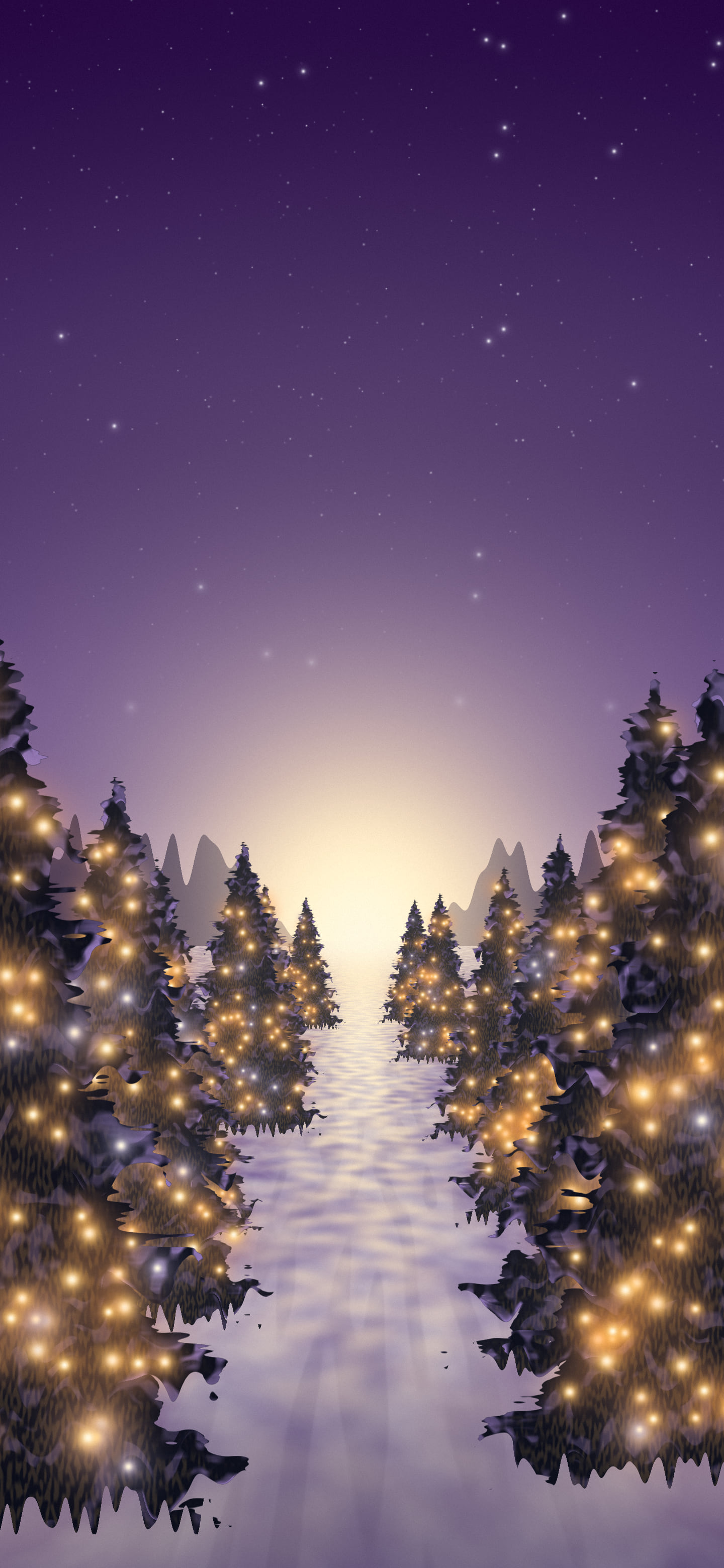 Dark Purple Christmas Lights Forest Path wallpaper for iPhone and Android