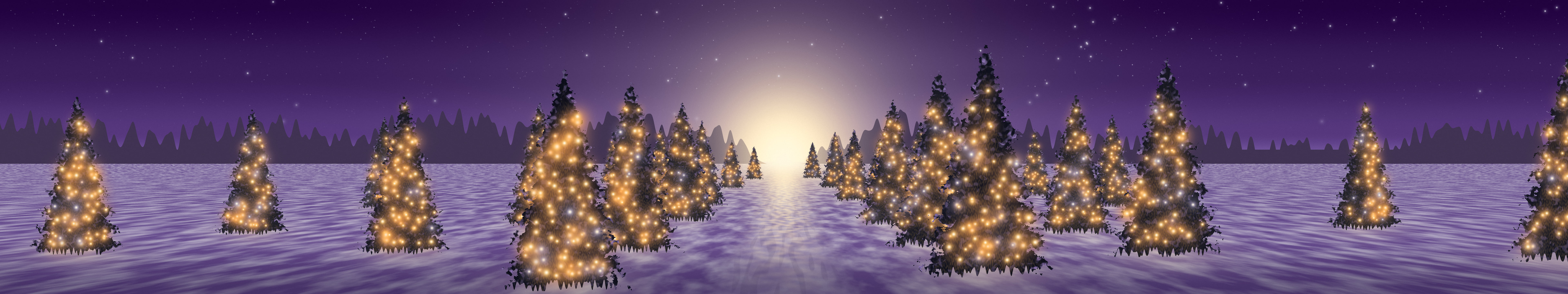 Dark Purple Christmas Lights Forest Path triple monitor wallpaper, 7680 × 1440