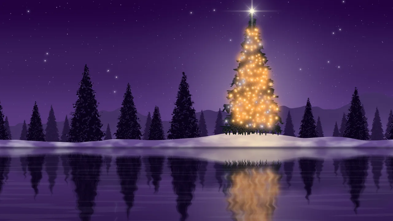 Dark Purple Christmas Tree by a Lake desktop wallpaper in 4K