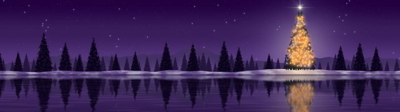 Dark Purple Christmas Tree by a Lake dual monitor wallpaper, 7680 × 2160