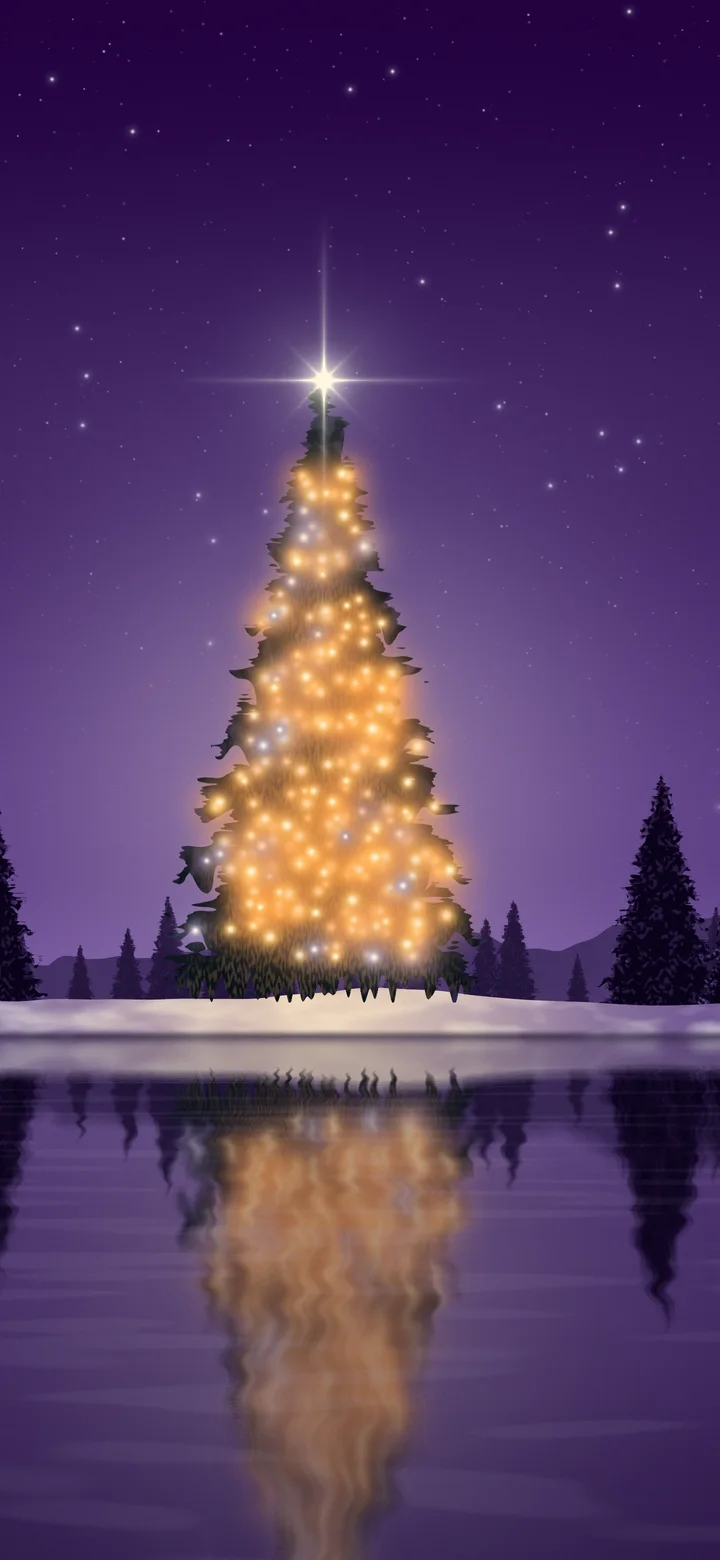 Dark Purple Christmas Tree by a Lake wallpaper for iPhone and Android