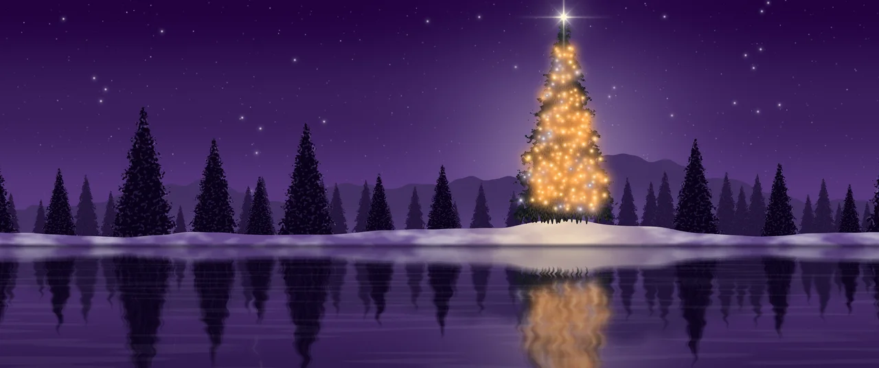 Dark Purple Christmas Tree by a Lake ultrawide wallpaper, 3440 × 1440