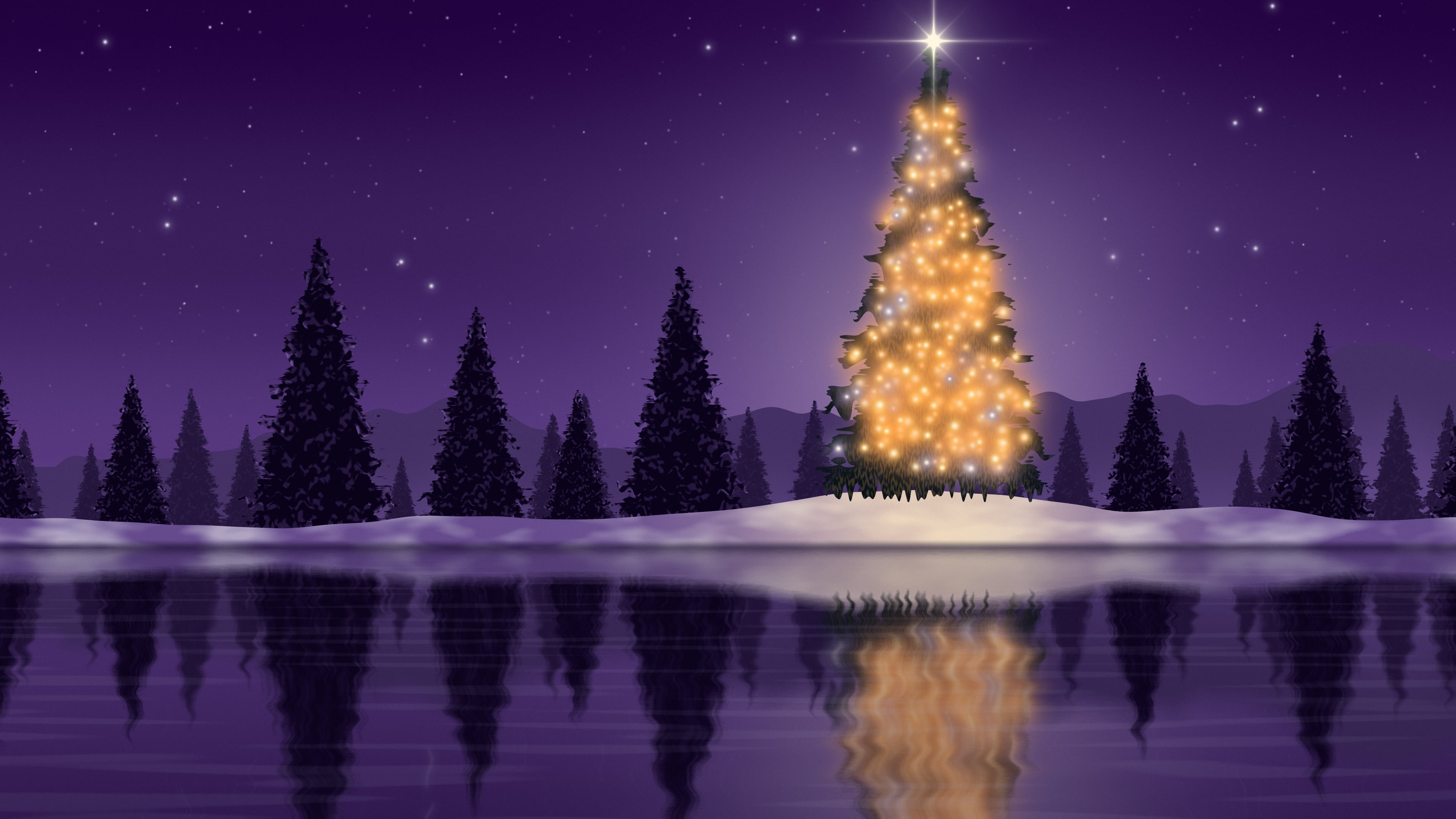Dark Purple Christmas Tree by a Lake desktop wallpaper in 4K
