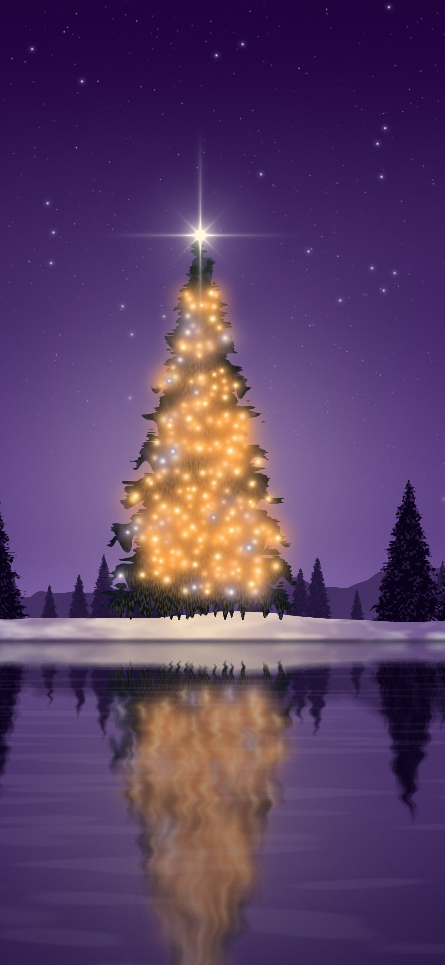Dark Purple Christmas Tree by a Lake wallpaper for iPhone and Android