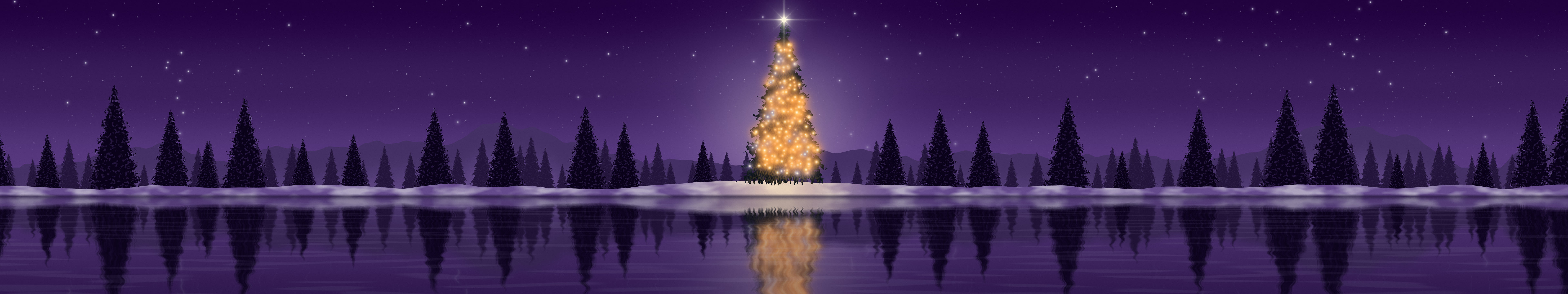 Dark Purple Christmas Tree by a Lake triple monitor wallpaper, 7680 × 1440