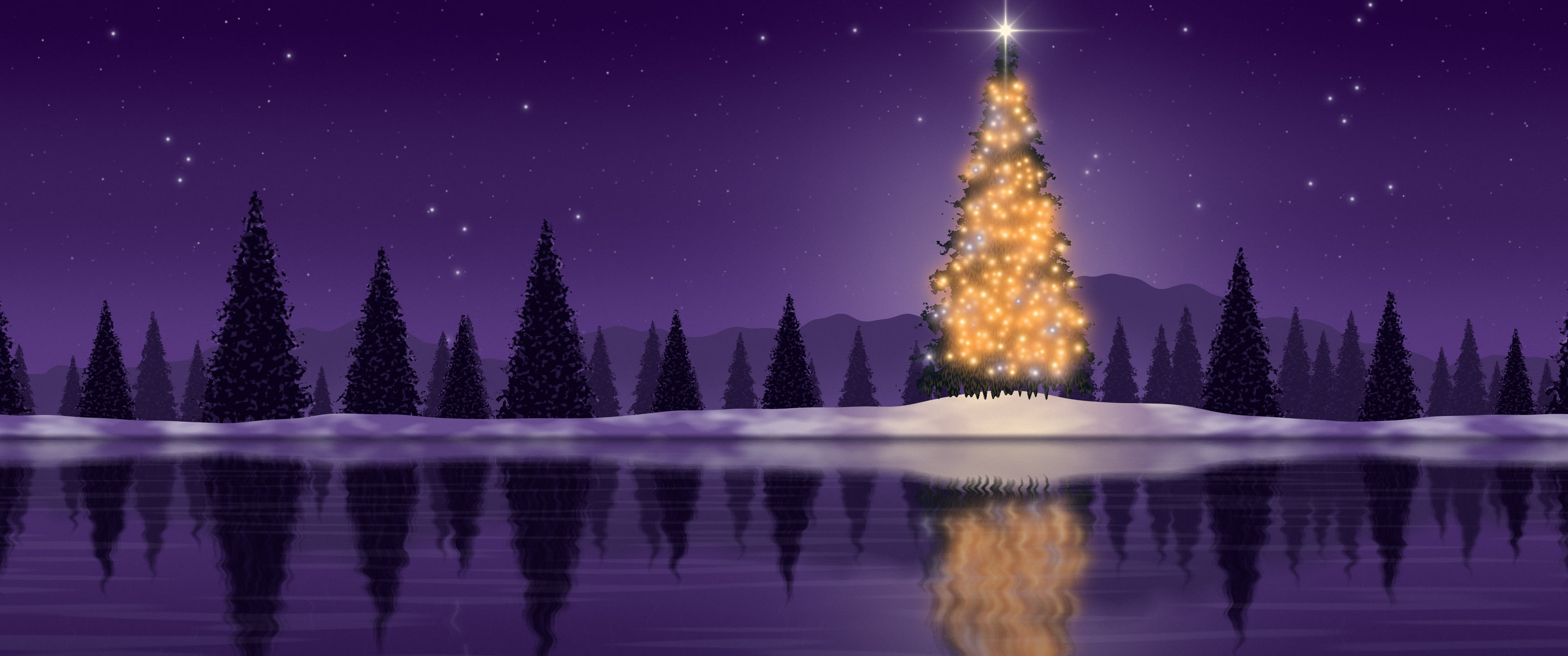 Dark Purple Christmas Tree by a Lake ultrawide wallpaper, 3440 × 1440