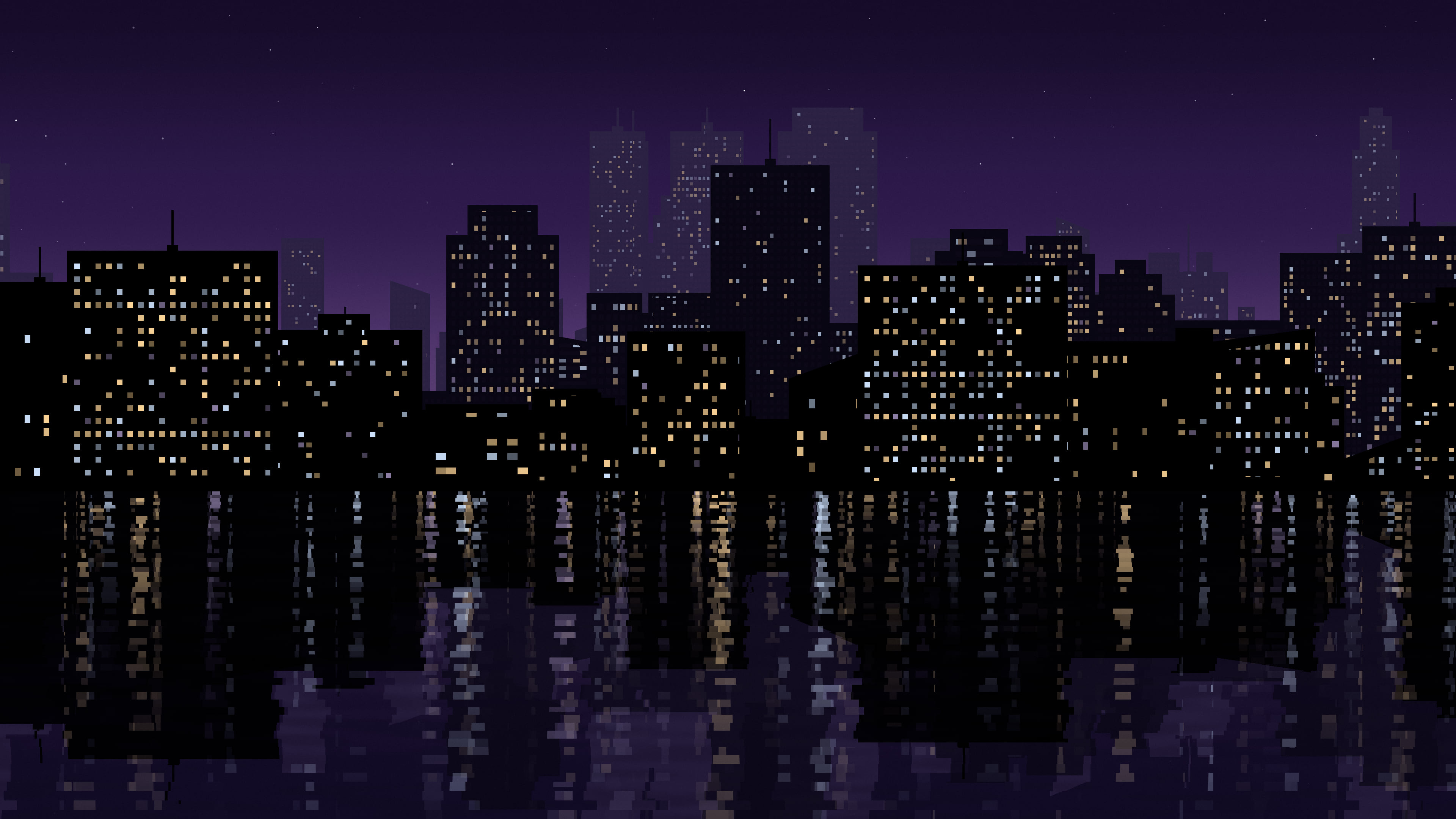 Dark Purple City Lights Reflection desktop wallpaper in 4K