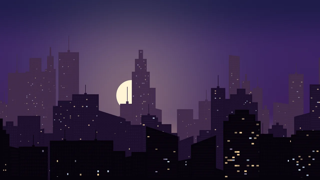 Dark Purple City Skyline Sunset desktop wallpaper in 4K