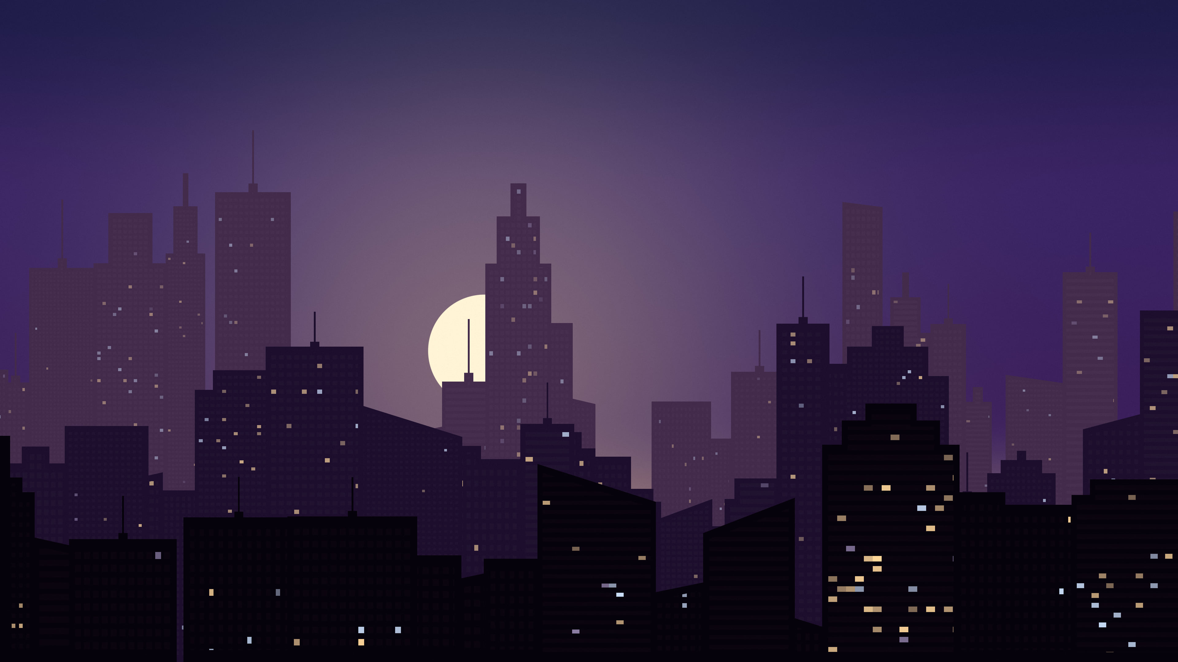 Dark Purple City Skyline Sunset desktop wallpaper in 4K