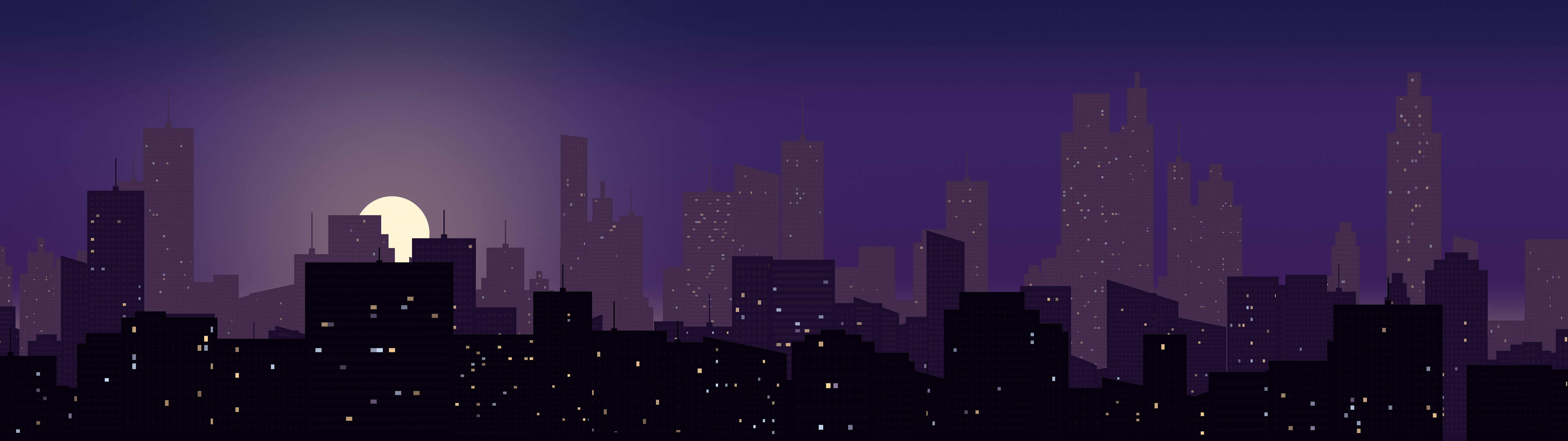 Dark Purple City Skyline Sunset dual monitor wallpaper, 7680 × 2160