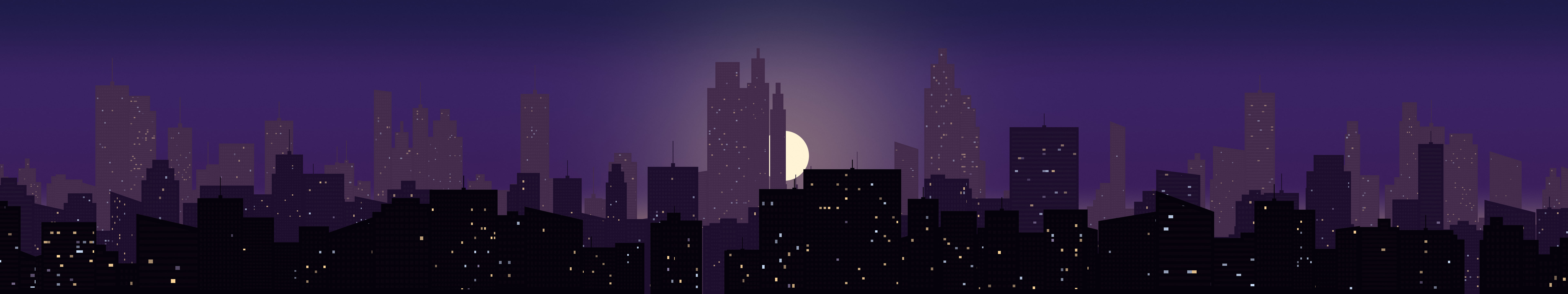 Dark Purple City Skyline Sunset triple monitor wallpaper, 7680 × 1440
