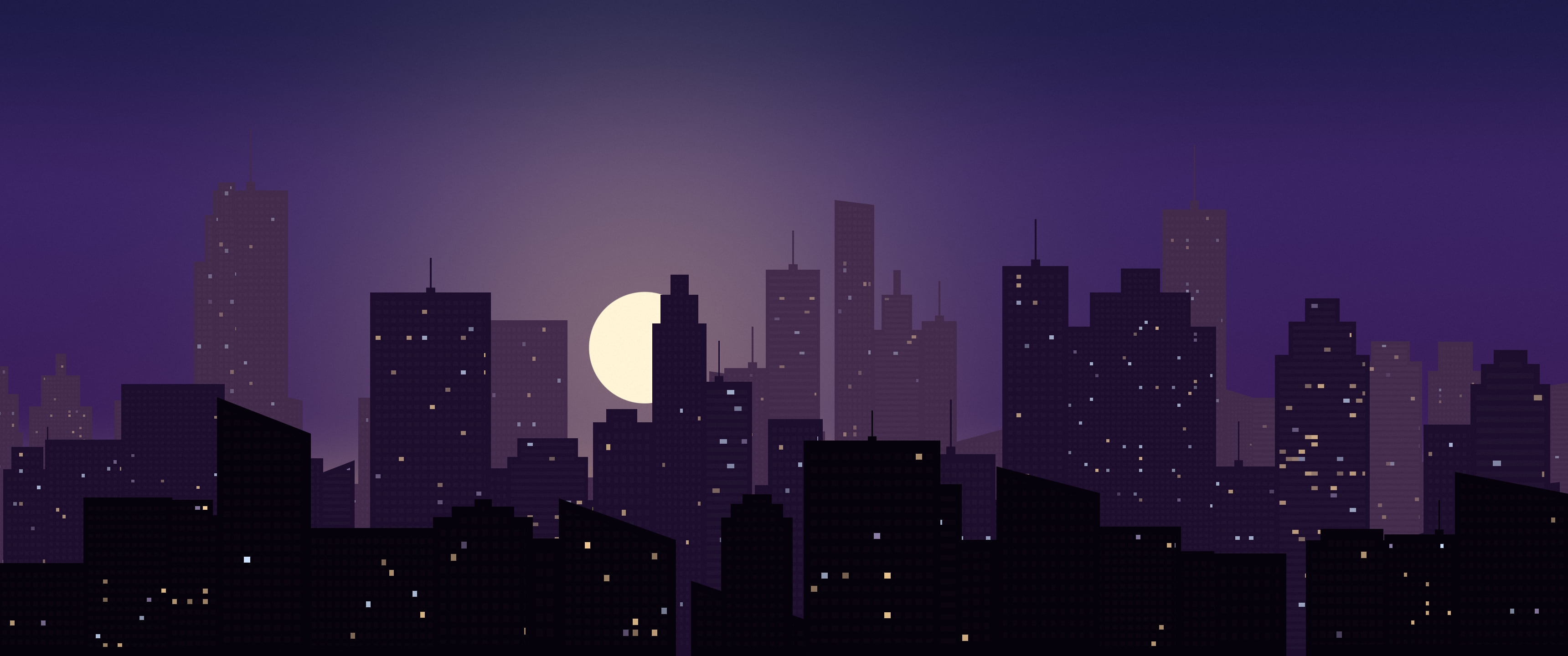 Dark Purple City Skyline Sunset ultrawide wallpaper, 3440 × 1440