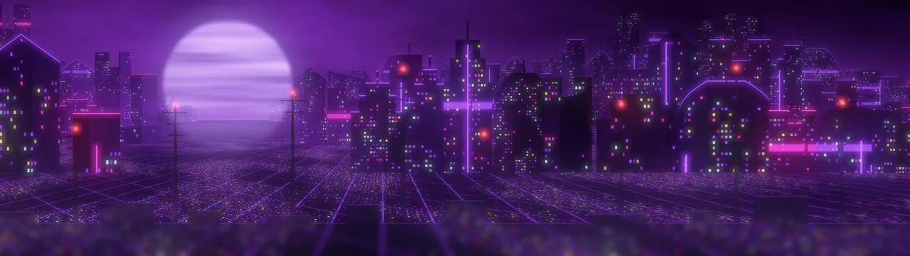 Dark Purple Cyberpunk City Rooftop dual monitor wallpaper, 7680 × 2160