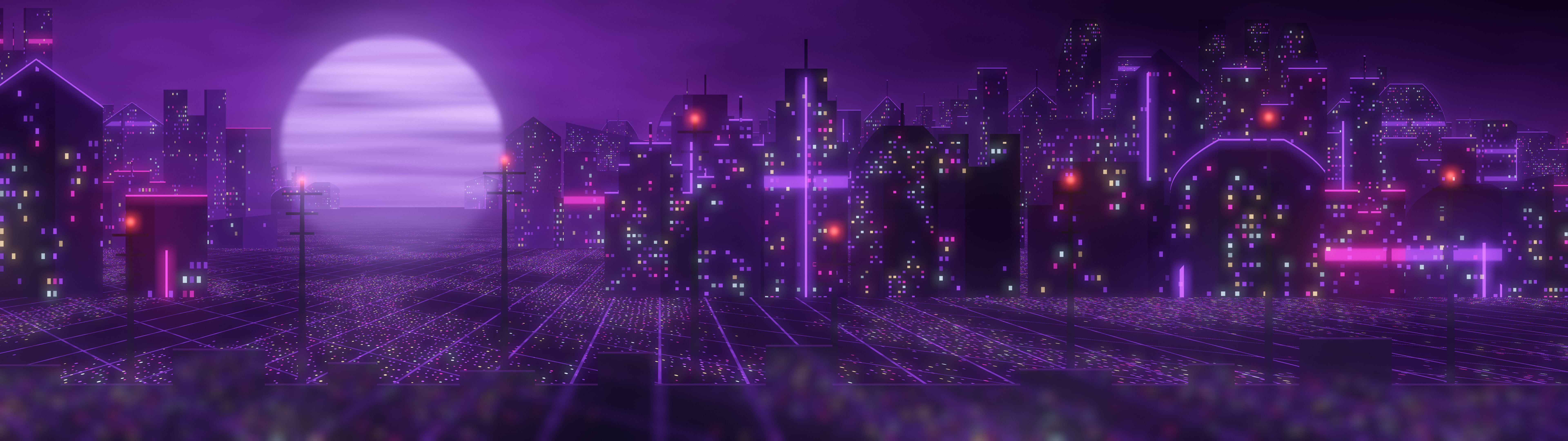 Dark Purple Cyberpunk City Rooftop dual monitor wallpaper, 7680 × 2160
