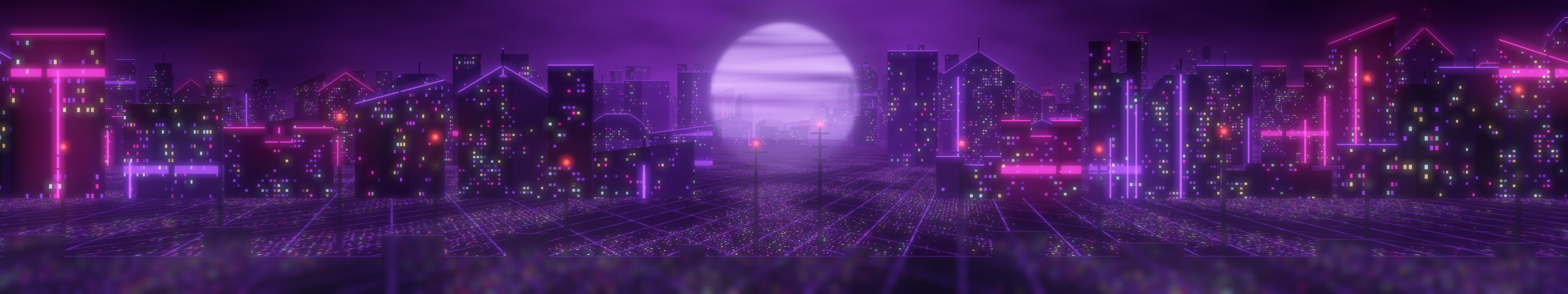 Dark Purple Cyberpunk City Rooftop triple monitor wallpaper, 7680 × 1440