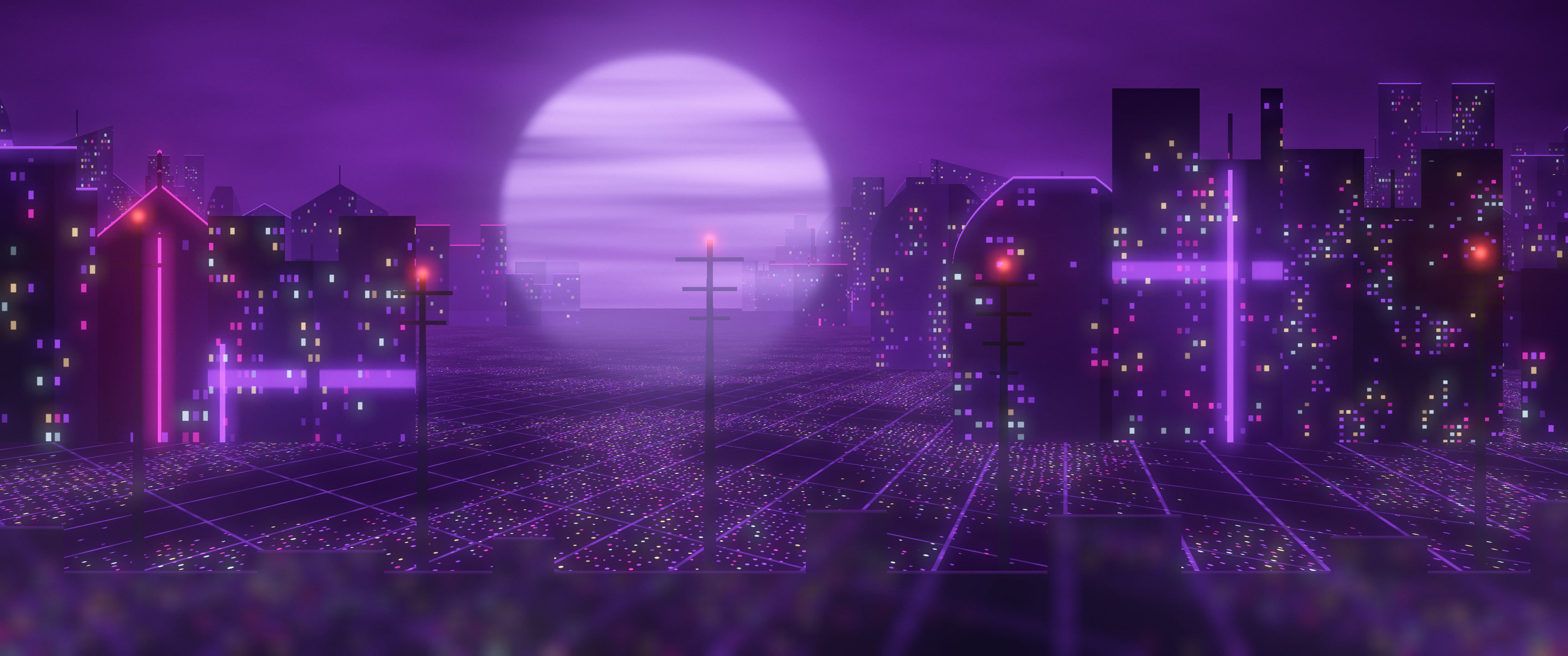 Dark Purple Cyberpunk City Rooftop ultrawide wallpaper, 3440 × 1440