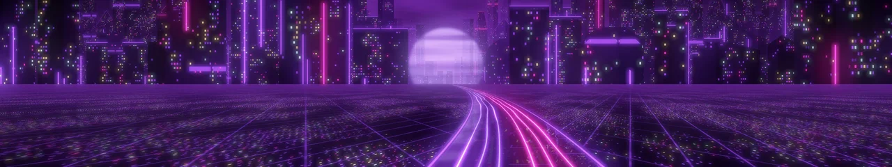 Dark Purple Cyberpunk Highway triple monitor wallpaper, 7680 × 1440