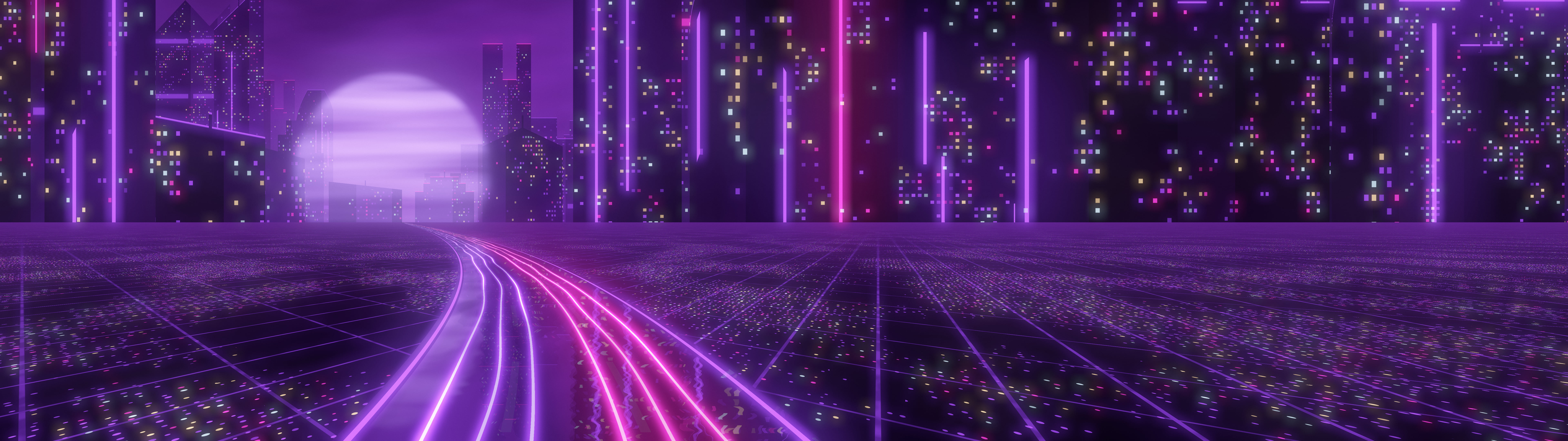 Dark Purple Cyberpunk Highway dual monitor wallpaper, 7680 × 2160