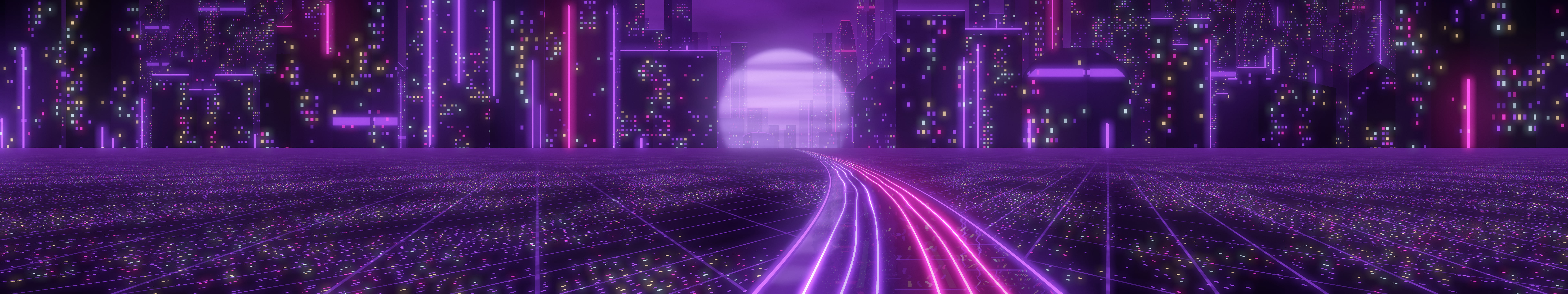 Dark Purple Cyberpunk Highway triple monitor wallpaper, 7680 × 1440