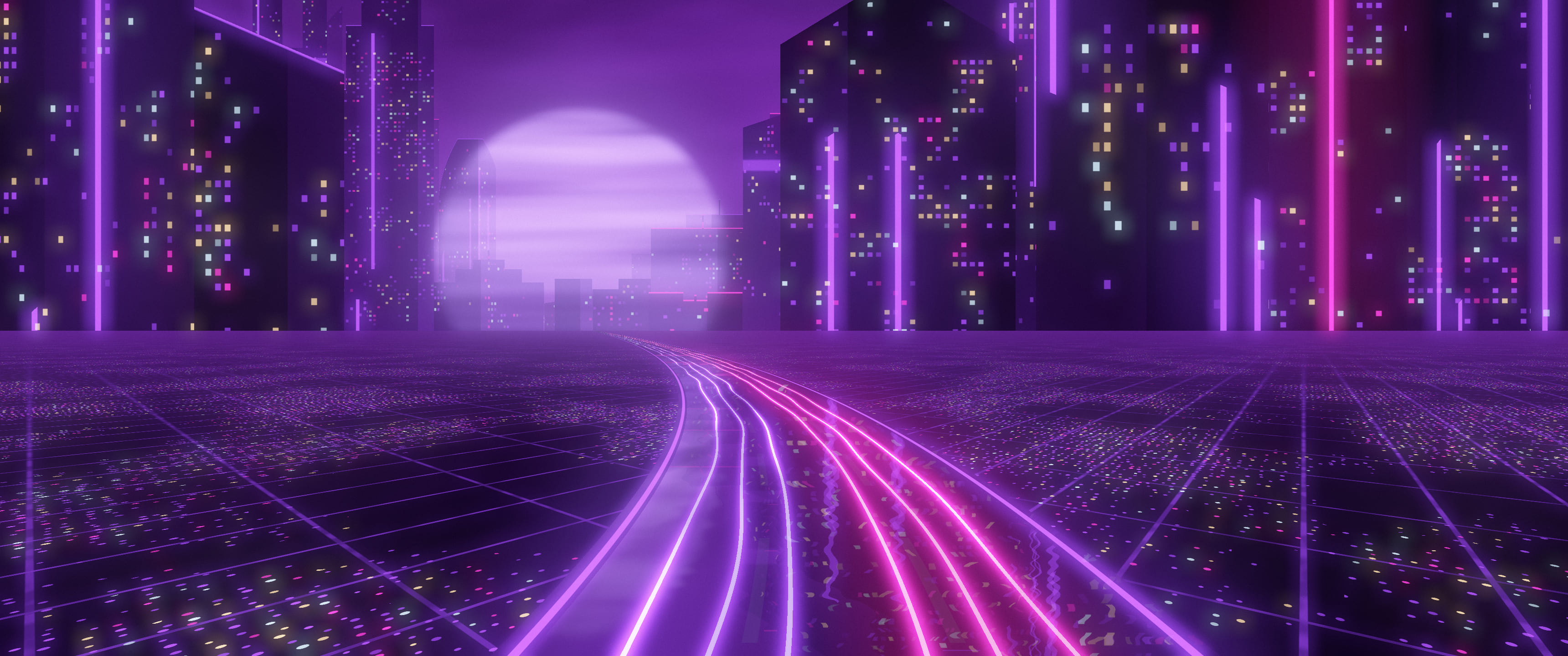 Dark Purple Cyberpunk Highway ultrawide wallpaper, 3440 × 1440