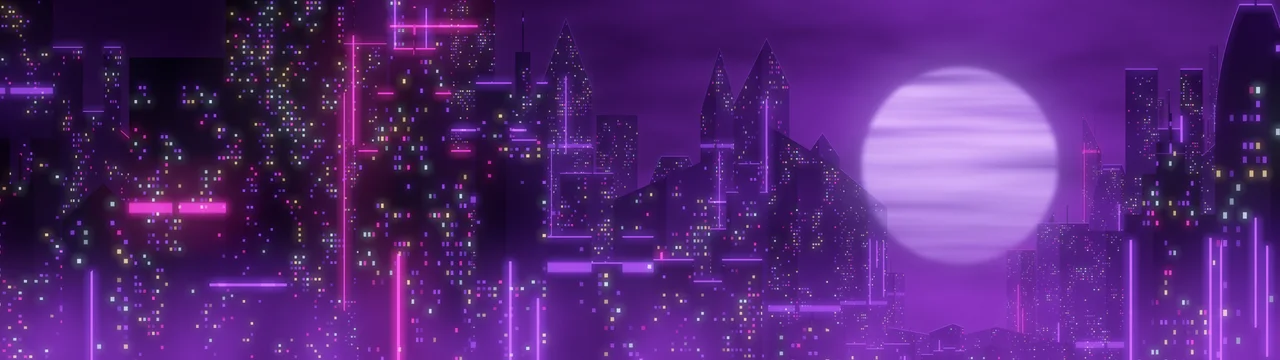 Dark Purple Cyberpunk Megacity dual monitor wallpaper, 7680 × 2160