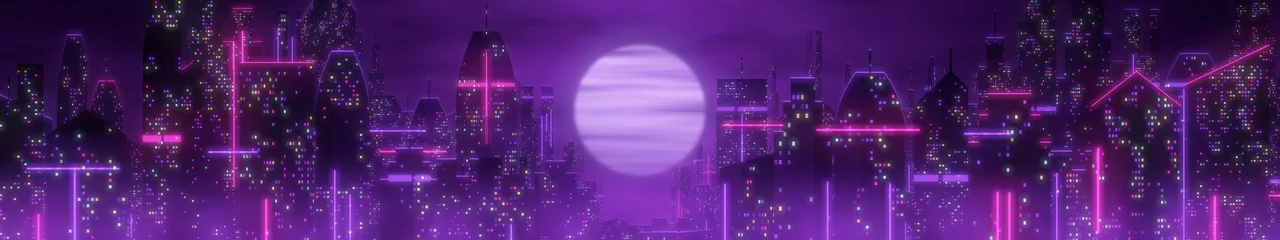 Dark Purple Cyberpunk Megacity triple monitor wallpaper, 7680 × 1440