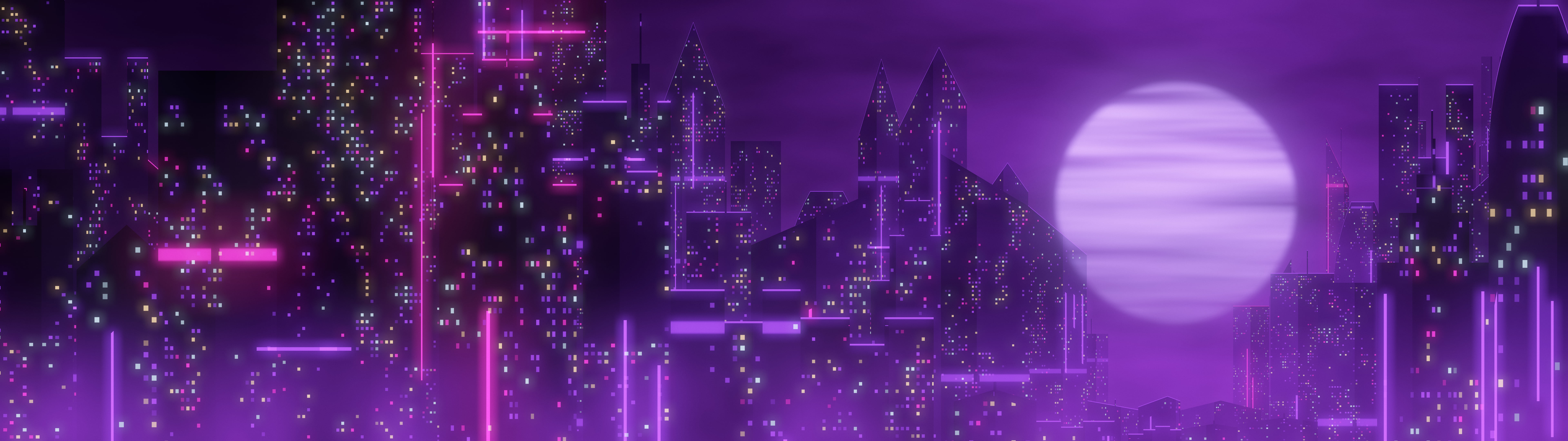 Dark Purple Cyberpunk Megacity dual monitor wallpaper, 7680 × 2160