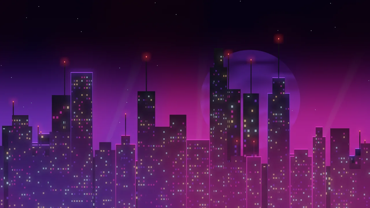 Dark Purple Cyberpunk Skyline desktop wallpaper in 4K